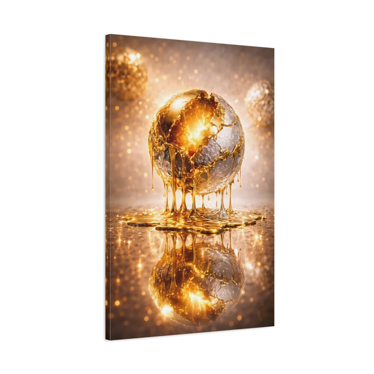 Side Mockup 1. Abstract Golden Sphere Gold Metallic shown as stretched canvas wall art