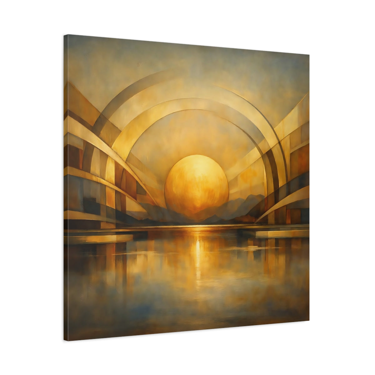 Main Mockup. Abstract Golden Sphere Gold Geometric shown as stretched canvas wall art