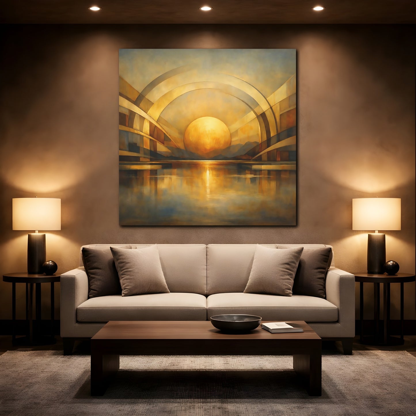 Mockup 2. Abstract Golden Sphere Gold Geometric shown as stretched canvas wall art
