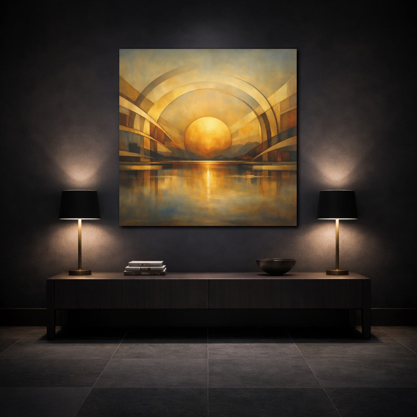 Mockup 3. Abstract Golden Sphere Gold Geometric shown as stretched canvas wall art