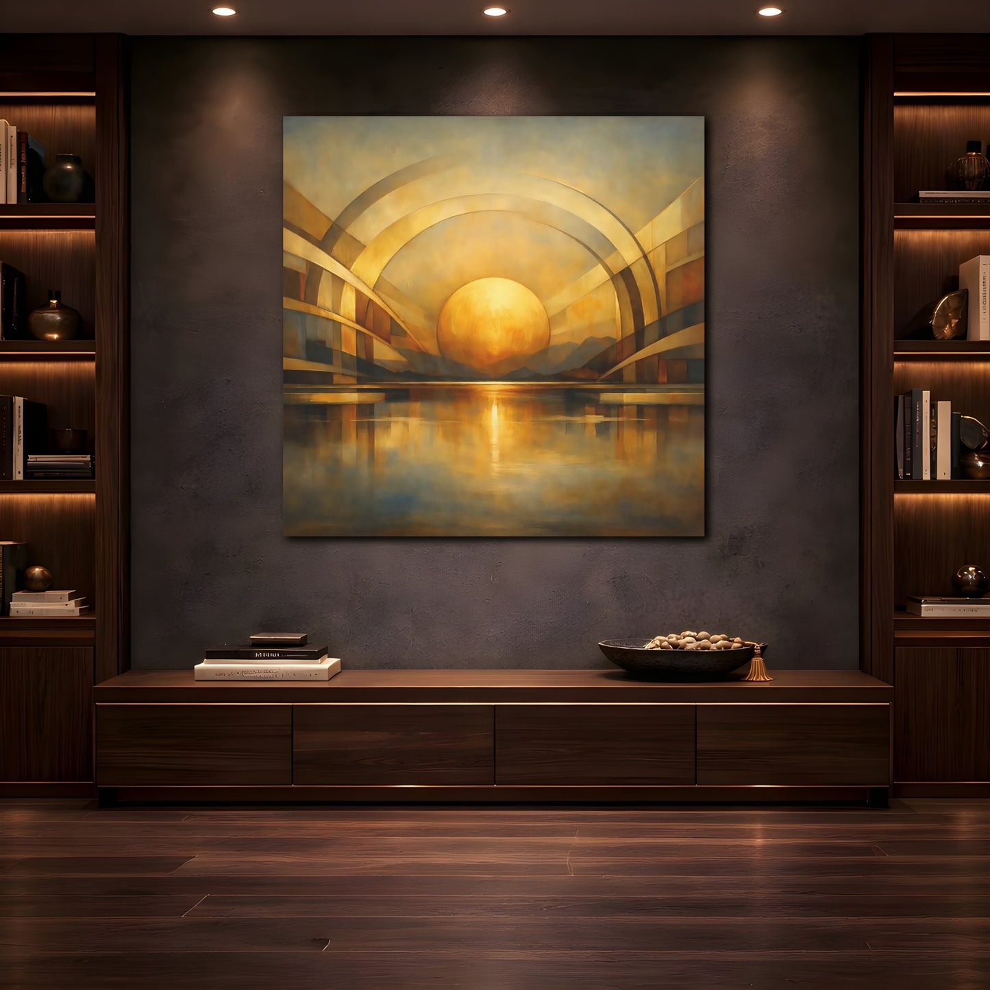 Mockup 4. Abstract Golden Sphere Gold Geometric shown as stretched canvas wall art