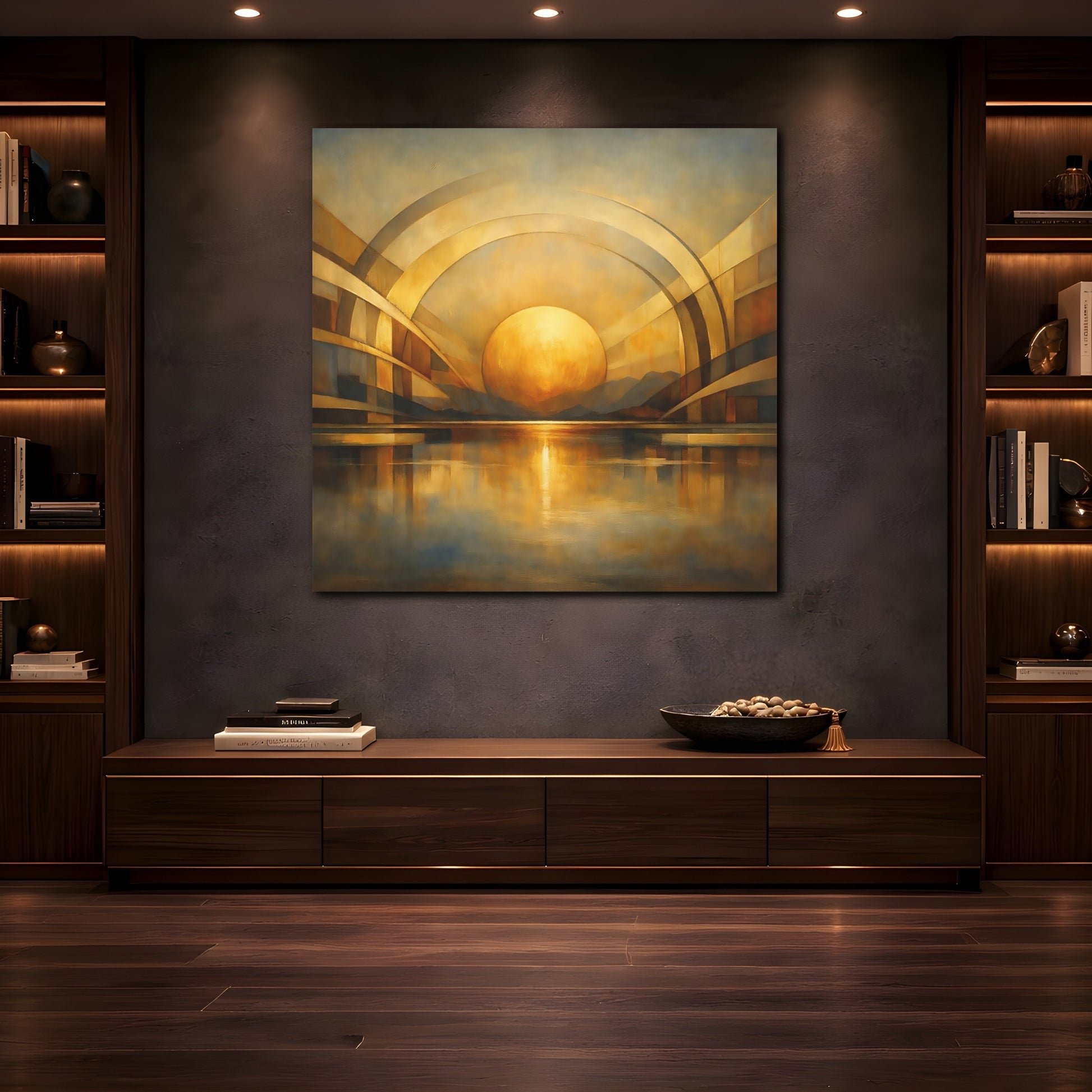 Mockup 4. Abstract Golden Sphere Gold Geometric shown as stretched canvas wall art