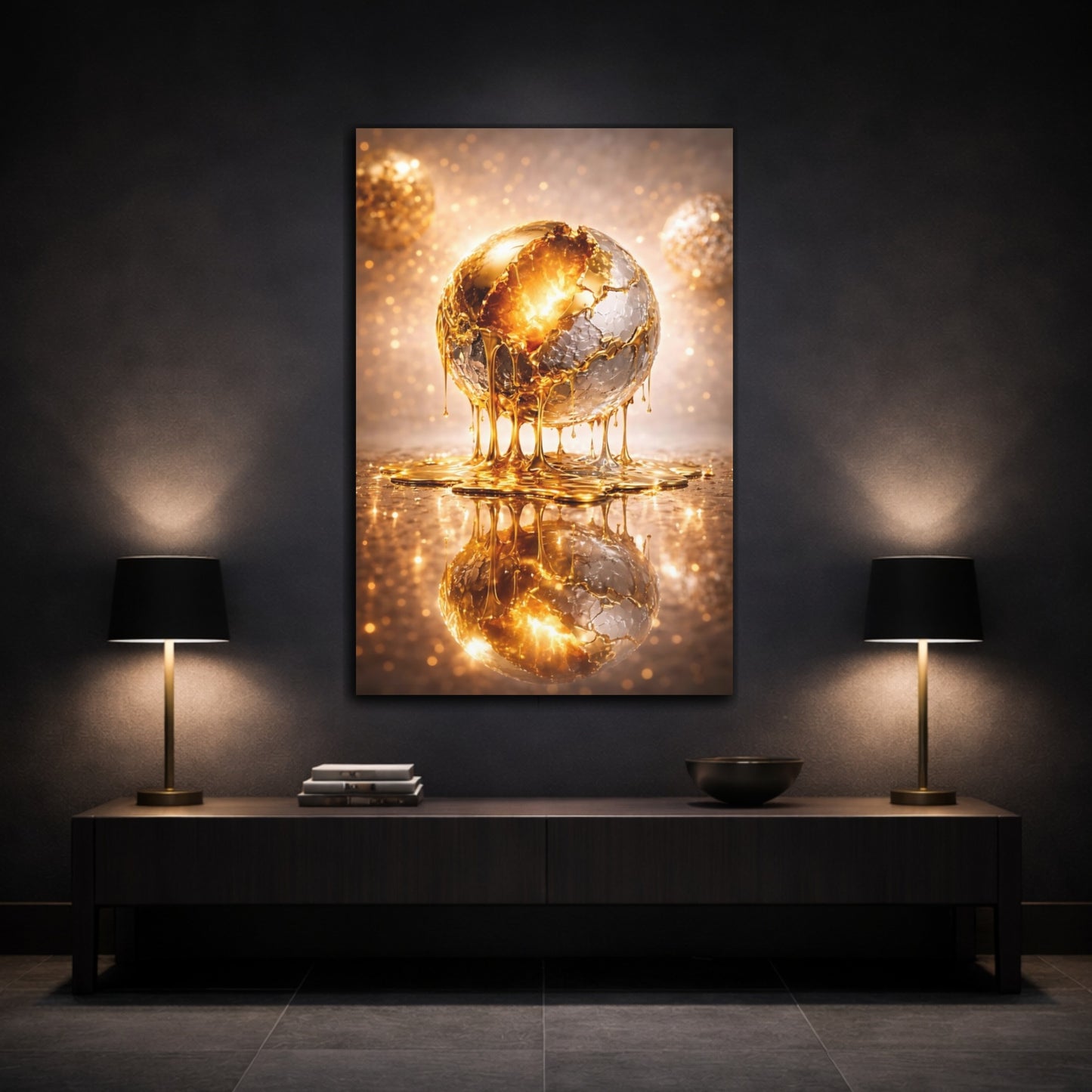 Mockup 2. Abstract Golden Sphere Gold Metallic shown as stretched canvas wall art