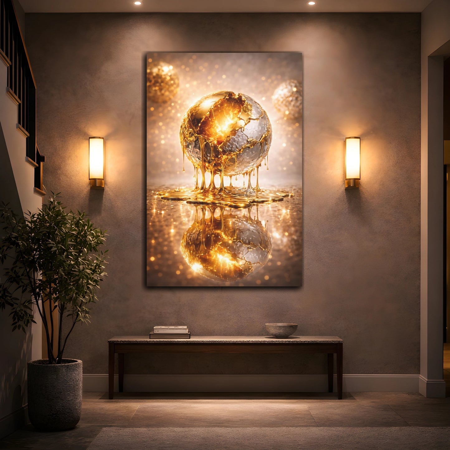 Mockup 3. Abstract Golden Sphere Gold Metallic shown as stretched canvas wall art