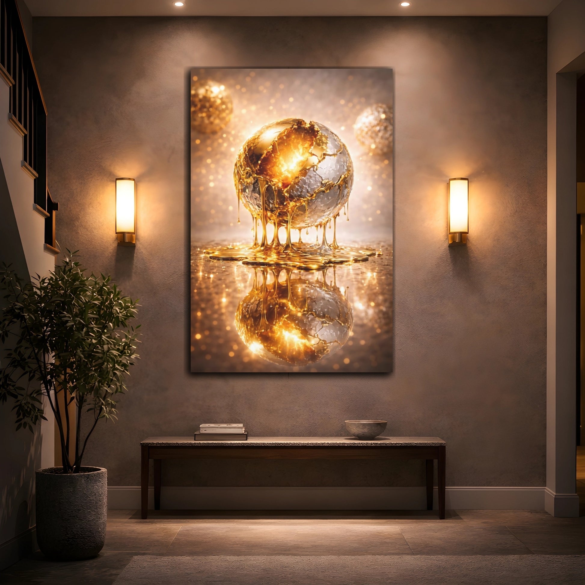 Mockup 3. Abstract Golden Sphere Gold Metallic shown as stretched canvas wall art