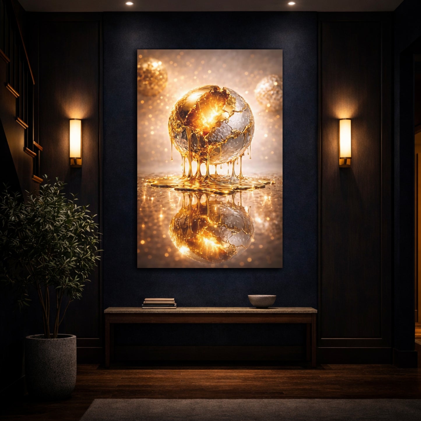 Mockup 4. Abstract Golden Sphere Gold Metallic shown as stretched canvas wall art
