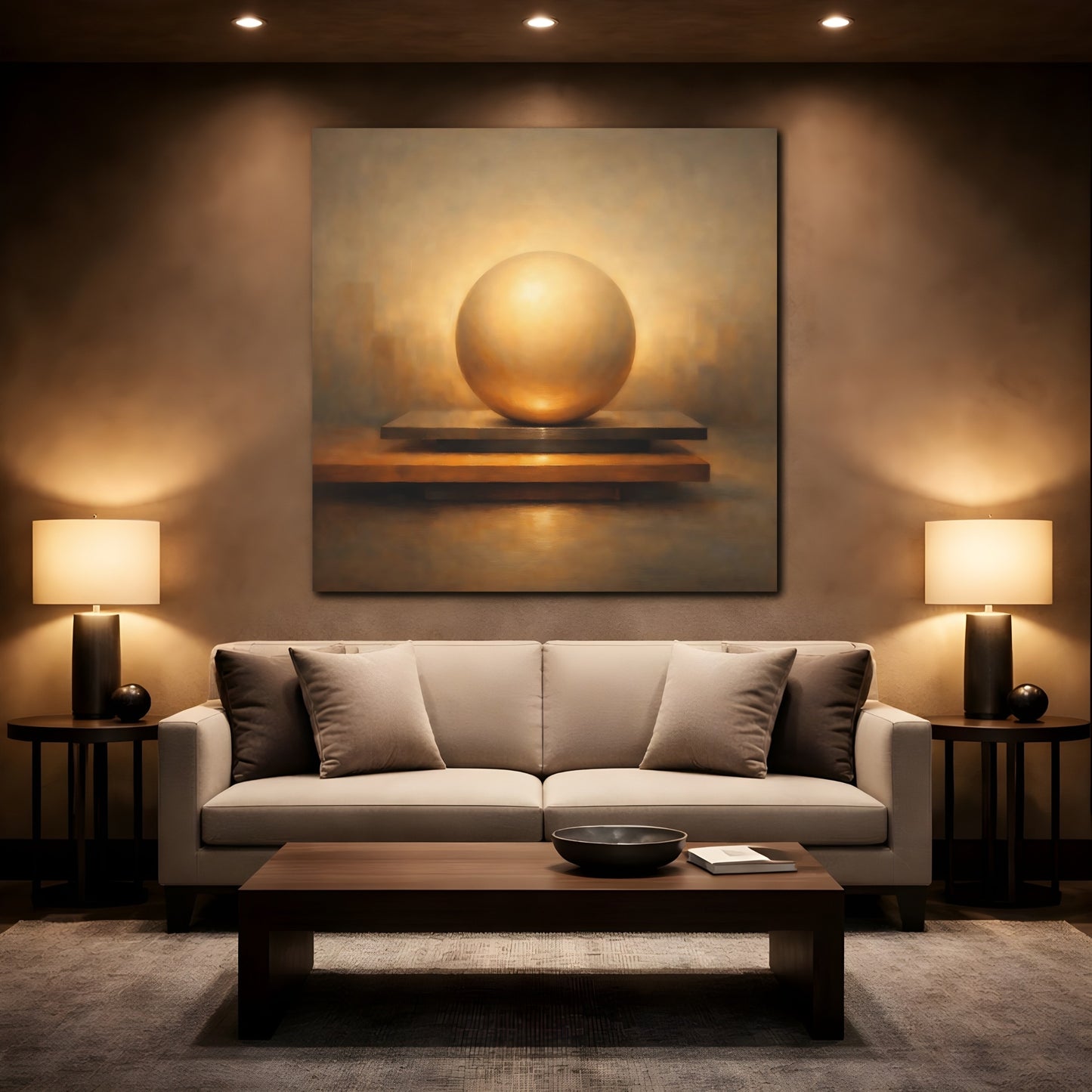 Mockup 2. Abstract Golden Sphere Golden Sphere Abstract shown as stretched canvas wall art