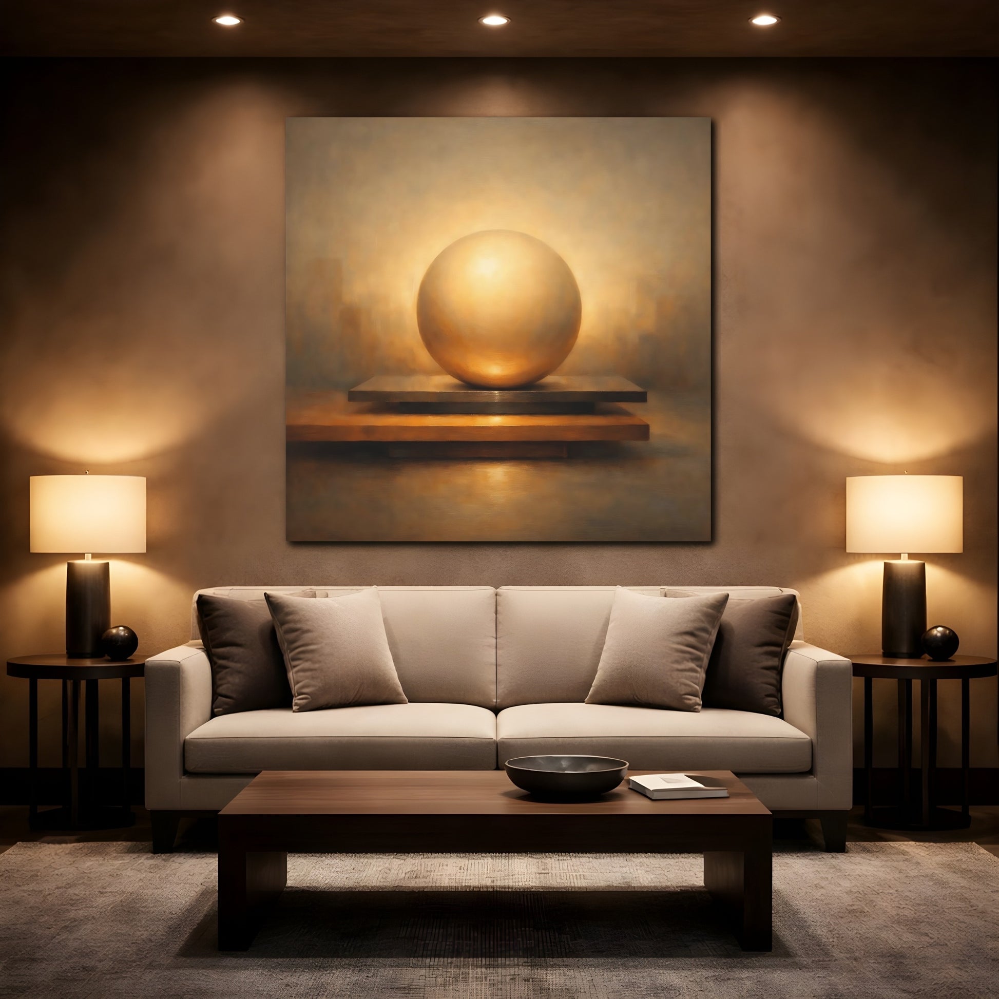 Mockup 2. Abstract Golden Sphere Golden Sphere Abstract shown as stretched canvas wall art
