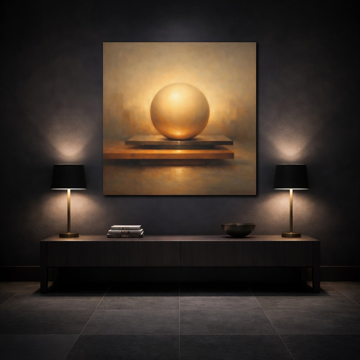 Mockup 3. Abstract Golden Sphere Golden Sphere Abstract shown as stretched canvas wall art