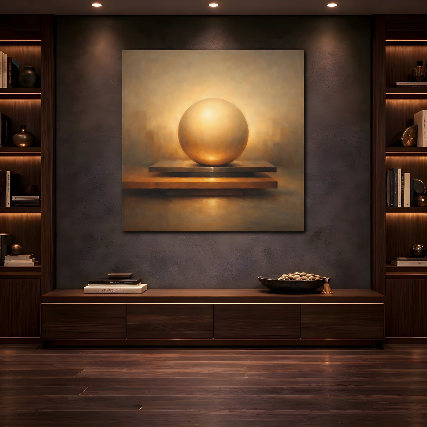 Mockup 4. Abstract Golden Sphere Golden Sphere Abstract shown as stretched canvas wall art