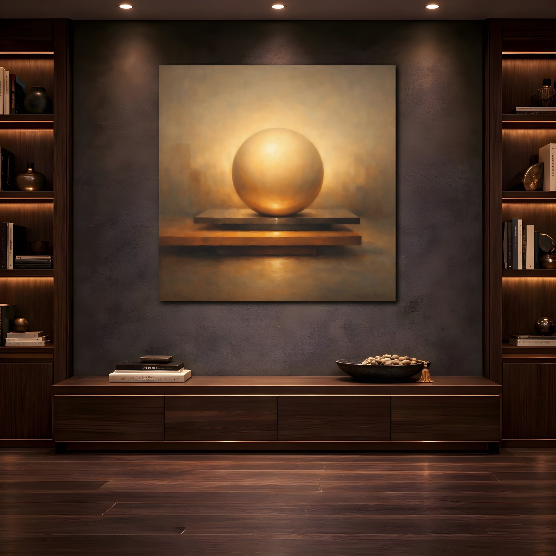 Mockup 4. Abstract Golden Sphere Golden Sphere Abstract shown as stretched canvas wall art