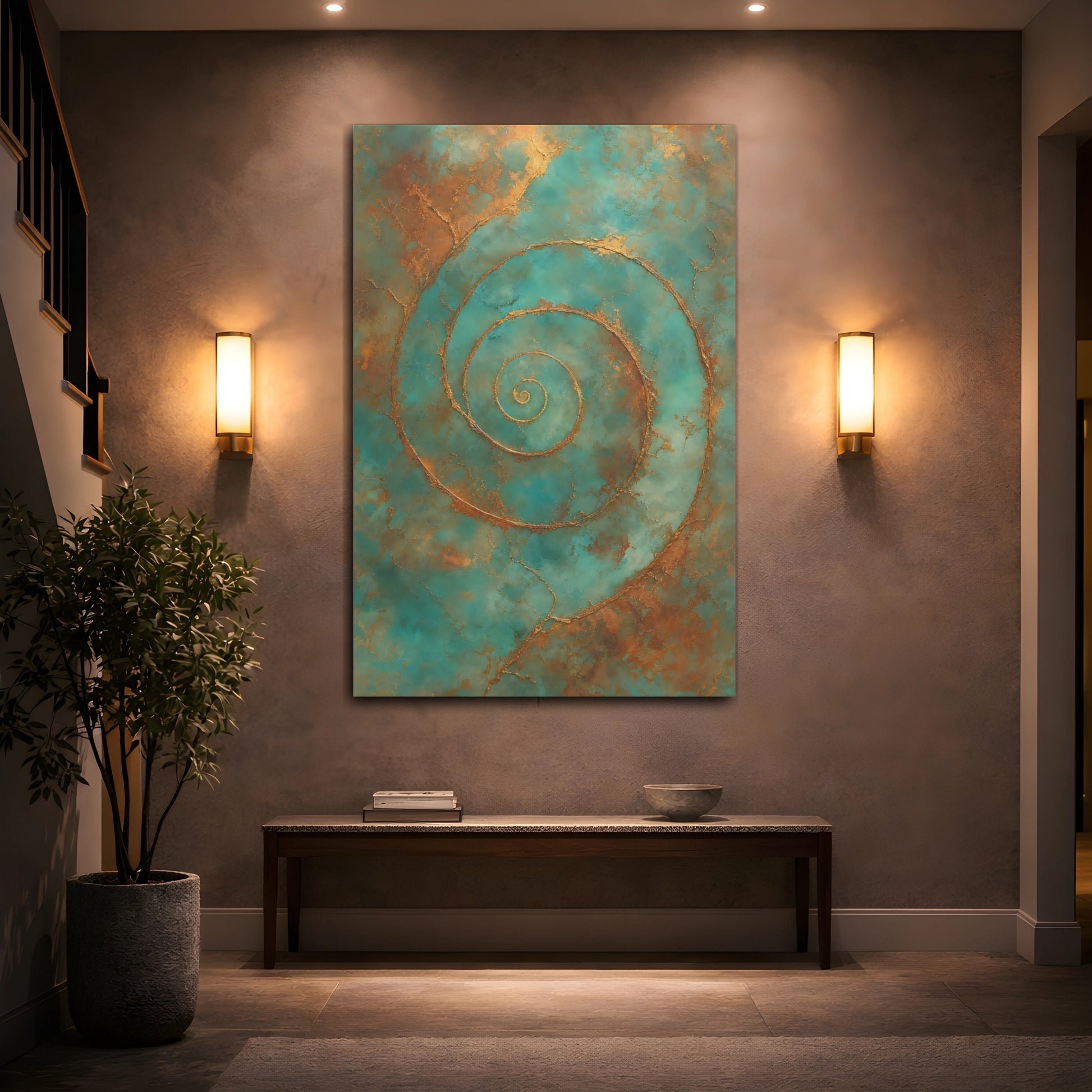 Mockup 2. Abstract Golden Spiral Teal Gold Abstract shown as stretched canvas wall art