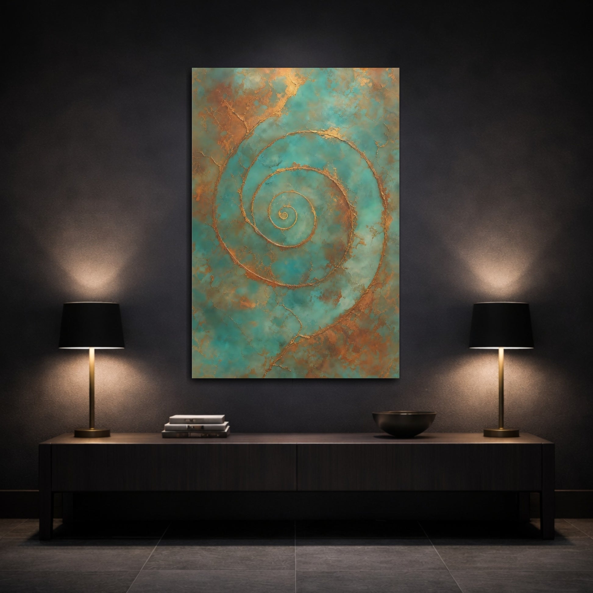 Mockup 3. Abstract Golden Spiral Teal Gold Abstract shown as stretched canvas wall art