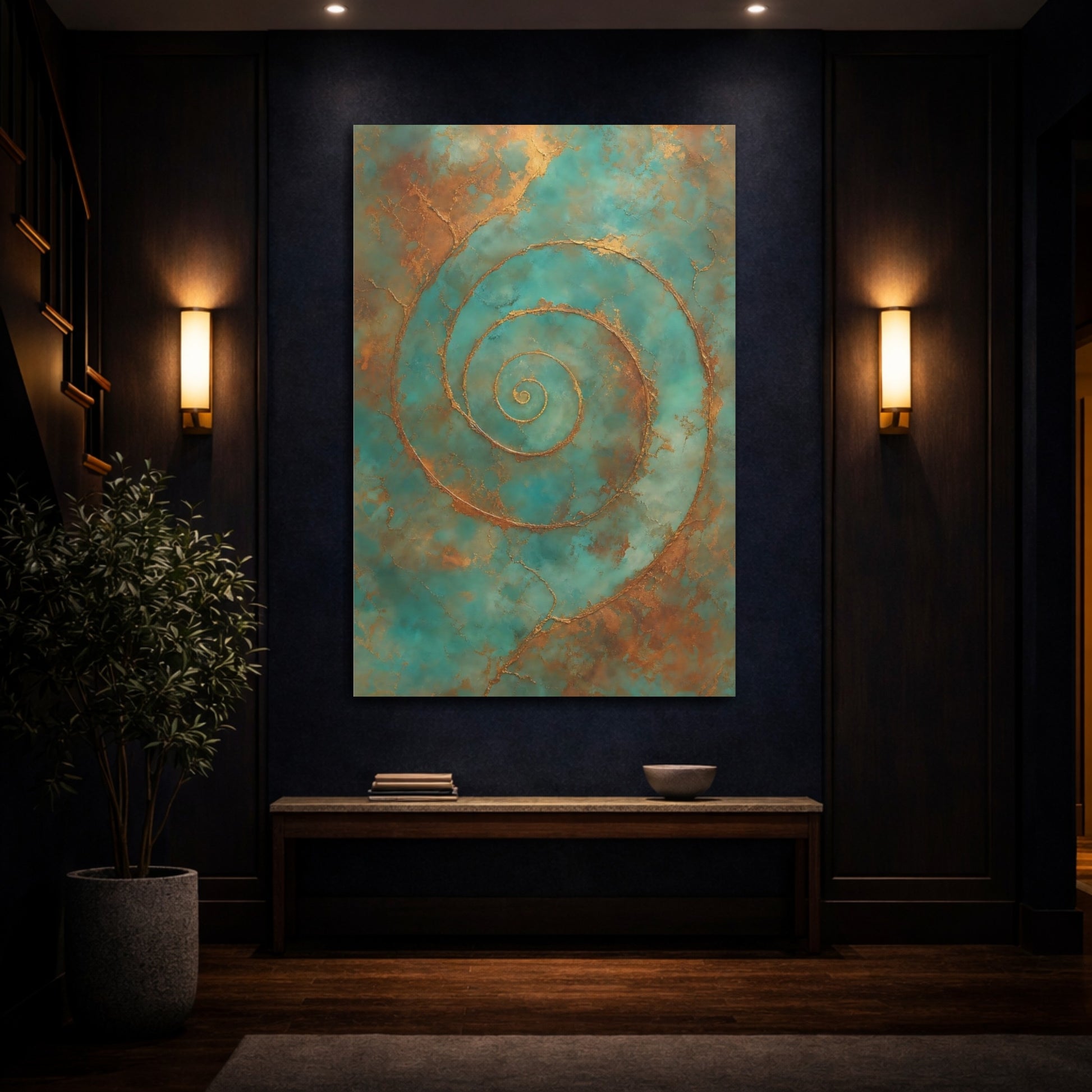 Mockup 4. Abstract Golden Spiral Teal Gold Abstract shown as stretched canvas wall art