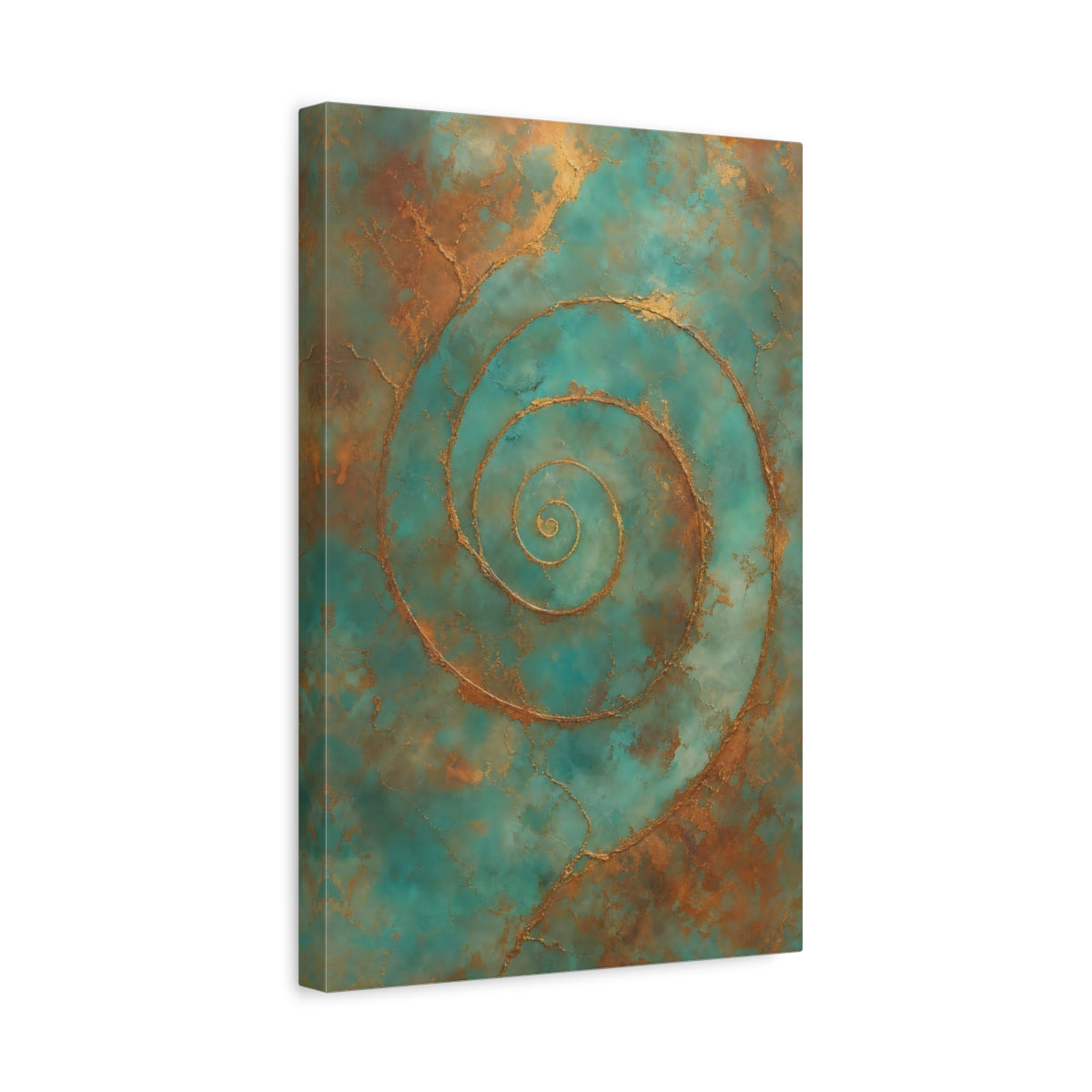 Side Mockup 4. Abstract Golden Spiral Teal Gold Abstract shown as stretched canvas wall art