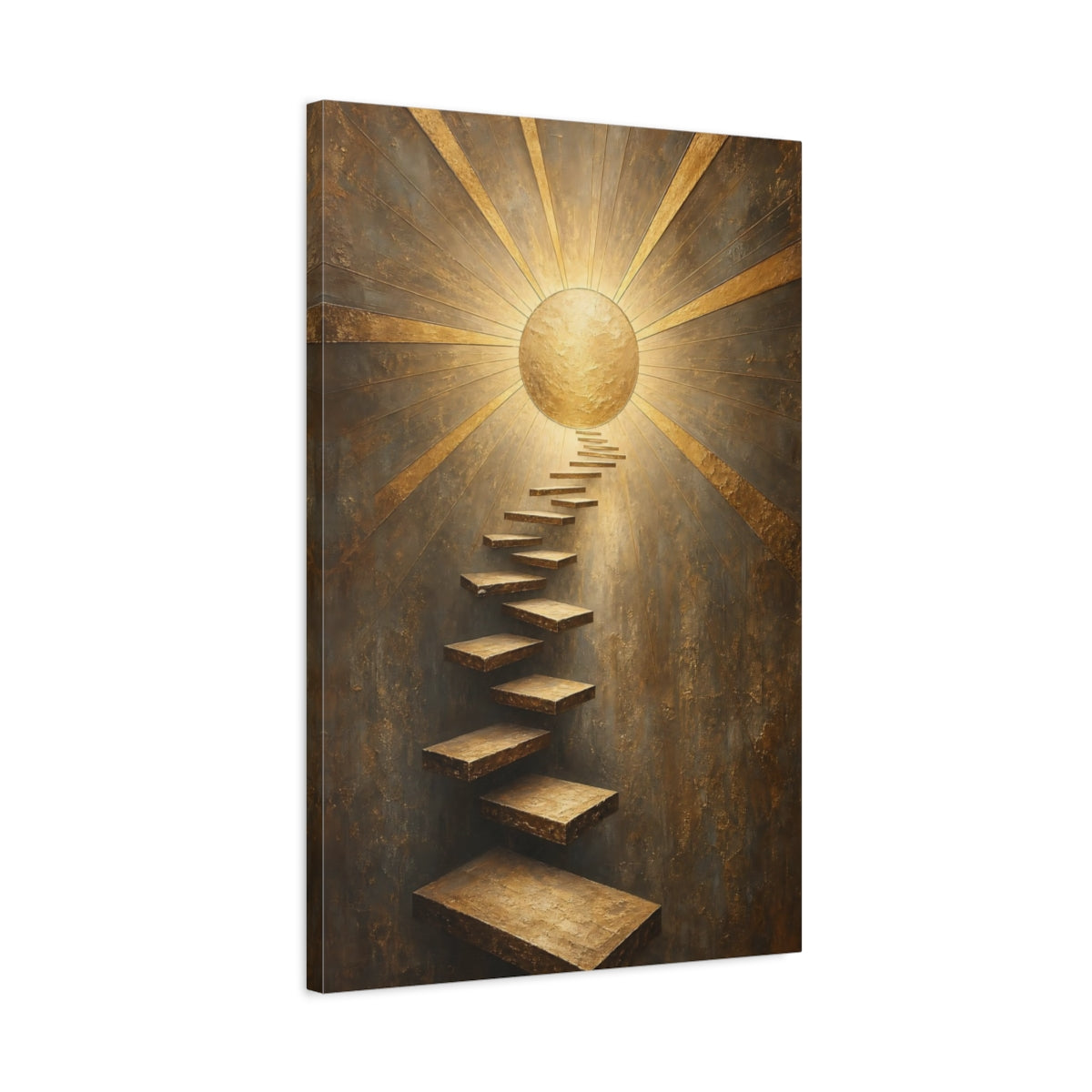 Side Mockup 2. Abstract Golden Staircase Gold And Gray shown as stretched canvas wall art