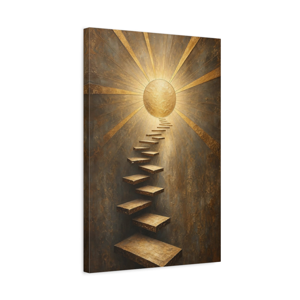 Side Mockup 3. Abstract Golden Staircase Gold And Gray shown as stretched canvas wall art