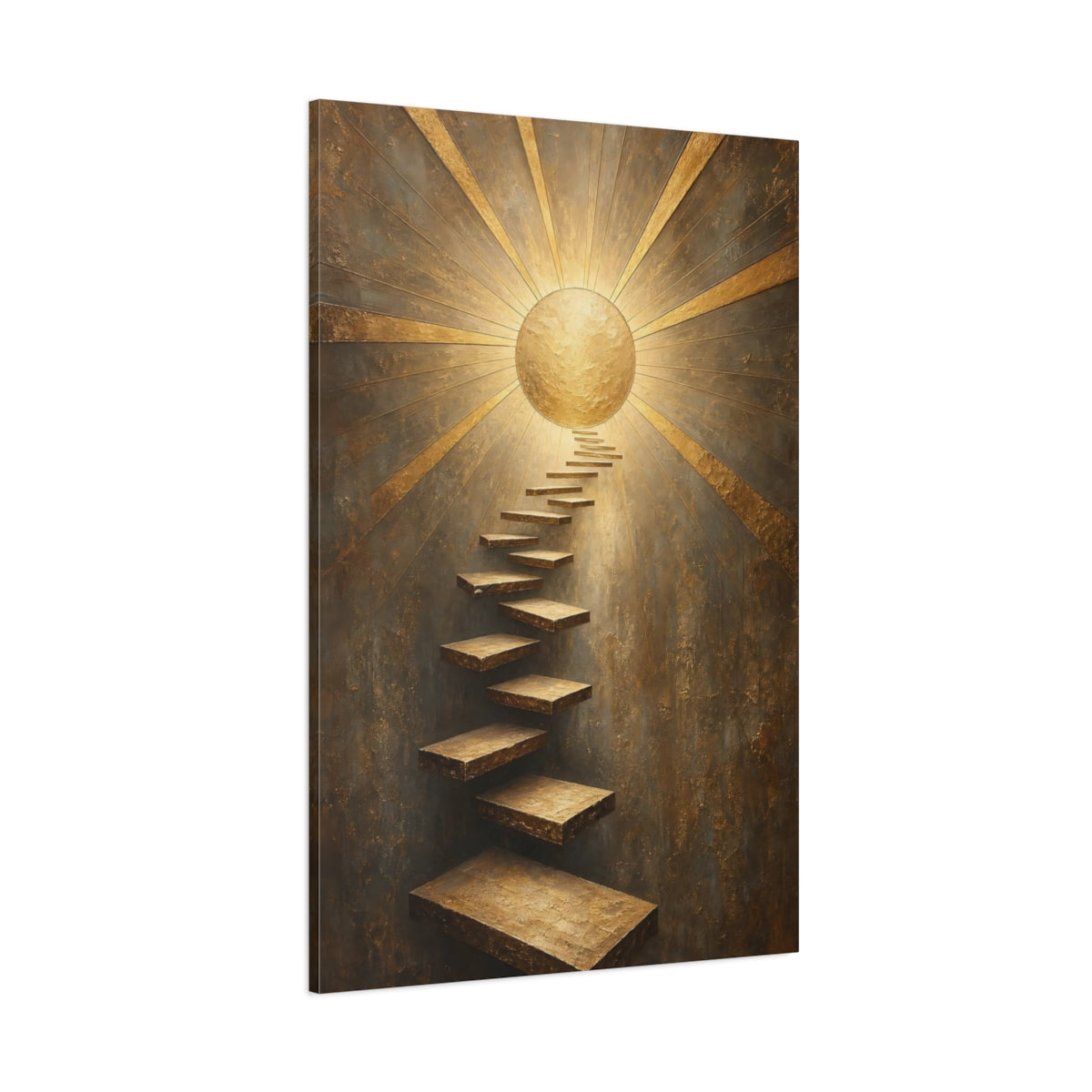 Side Mockup 1. Abstract Golden Staircase Gold And Gray shown as stretched canvas wall art