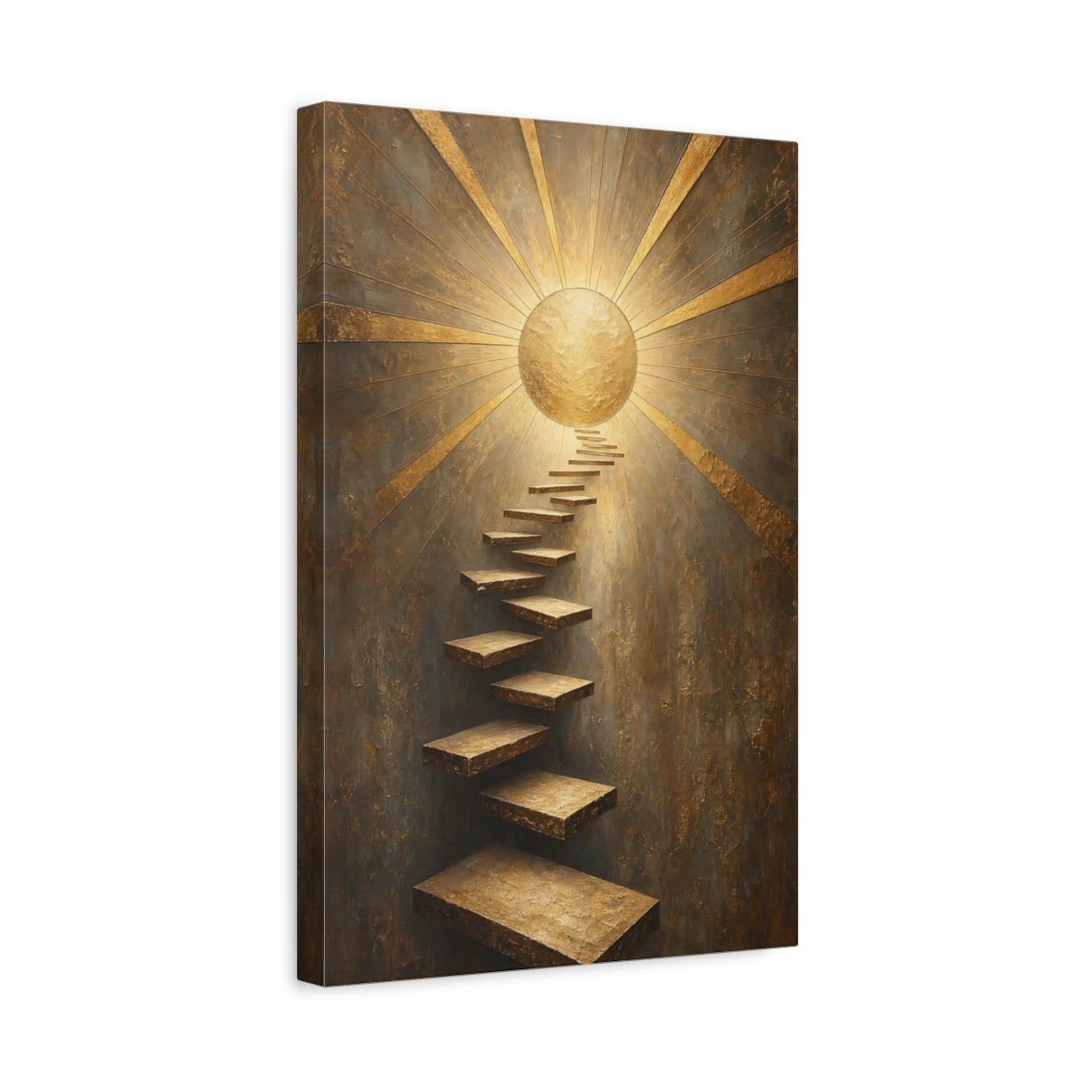 Side Mockup 4. Abstract Golden Staircase Gold And Gray shown as stretched canvas wall art