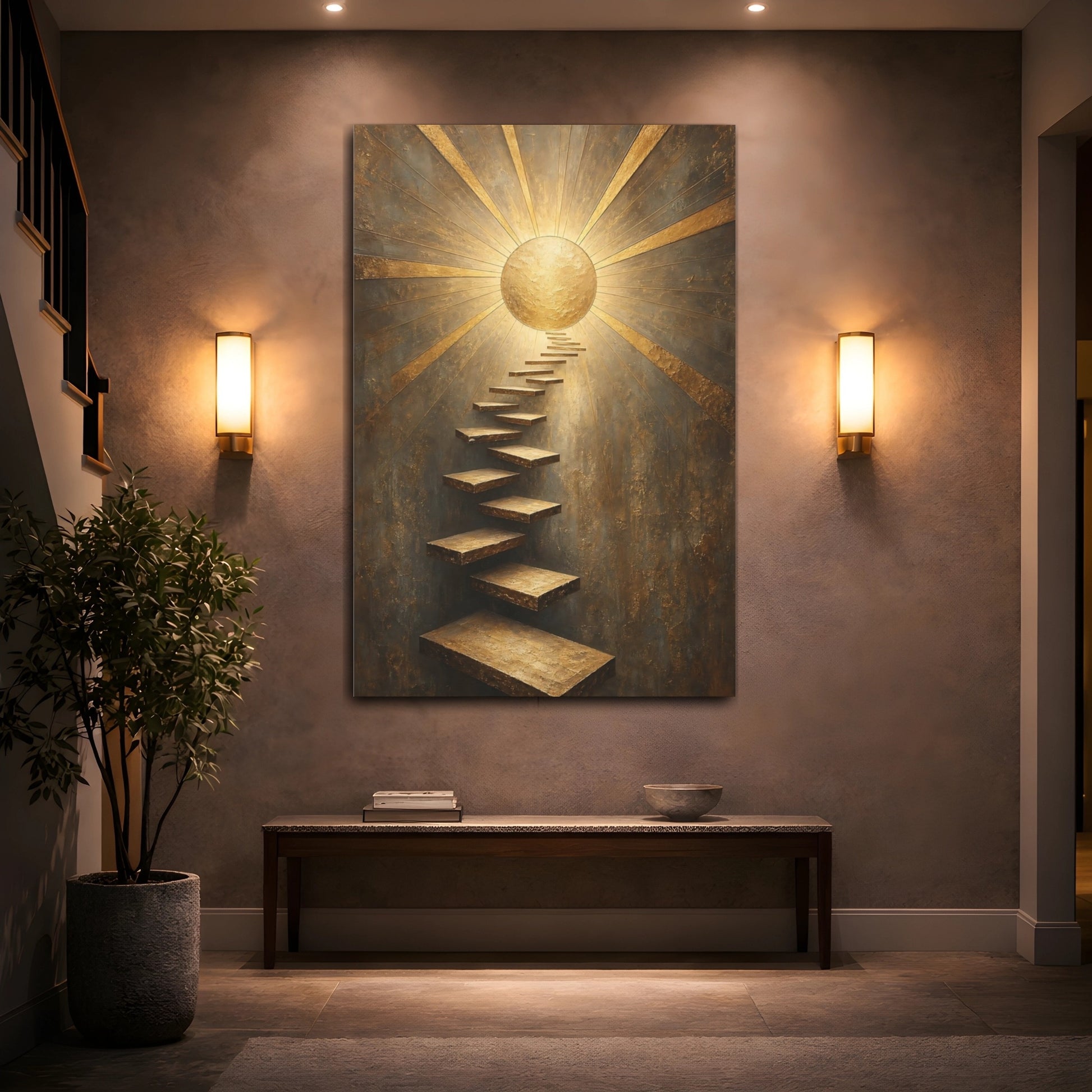Mockup 2. Abstract Golden Staircase Gold And Gray shown as stretched canvas wall art