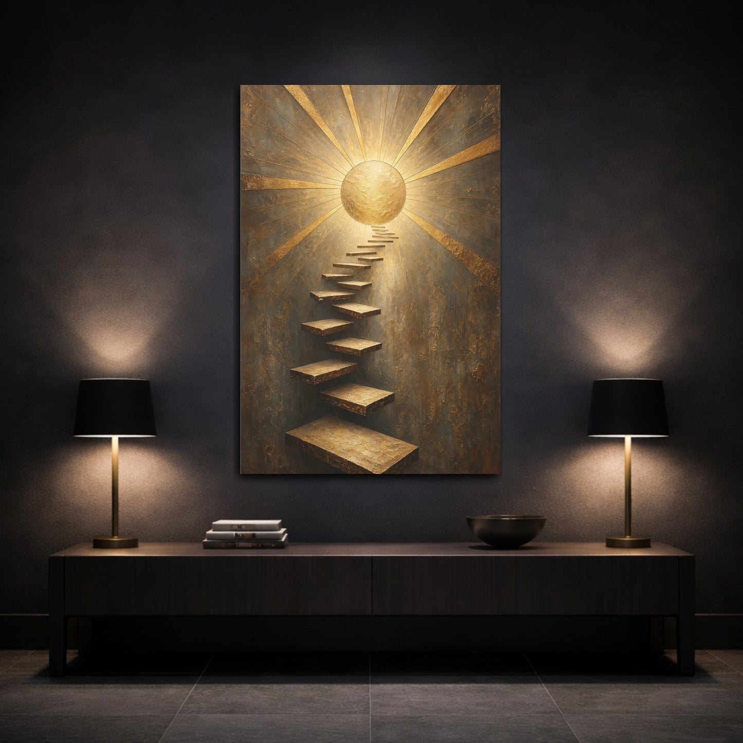 Mockup 3. Abstract Golden Staircase Gold And Gray shown as stretched canvas wall art