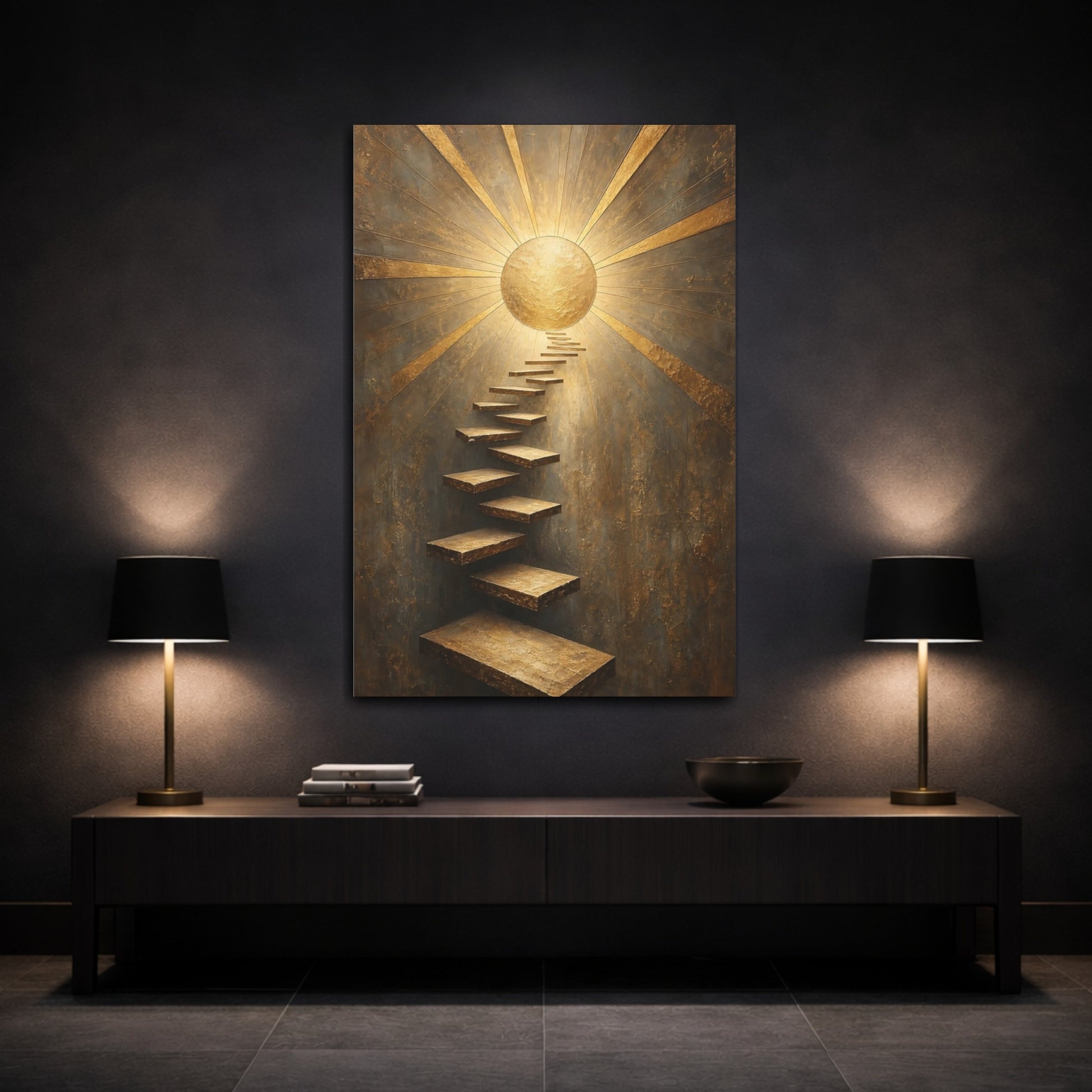 Mockup 3. Abstract Golden Staircase Gold And Gray shown as stretched canvas wall art