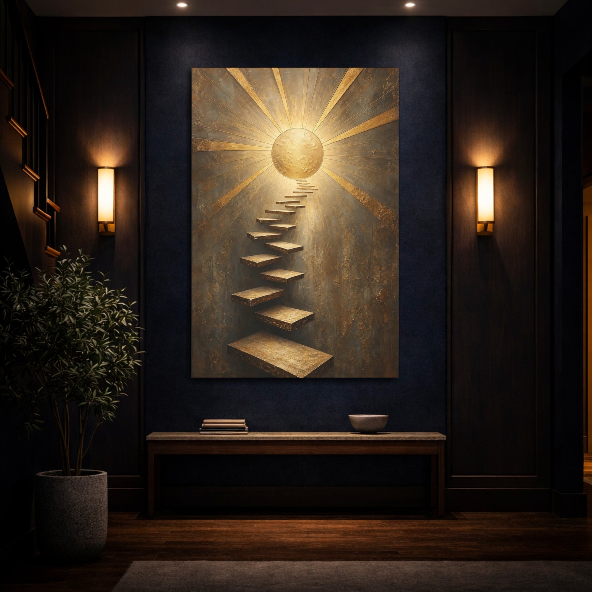 Mockup 4. Abstract Golden Staircase Gold And Gray shown as stretched canvas wall art