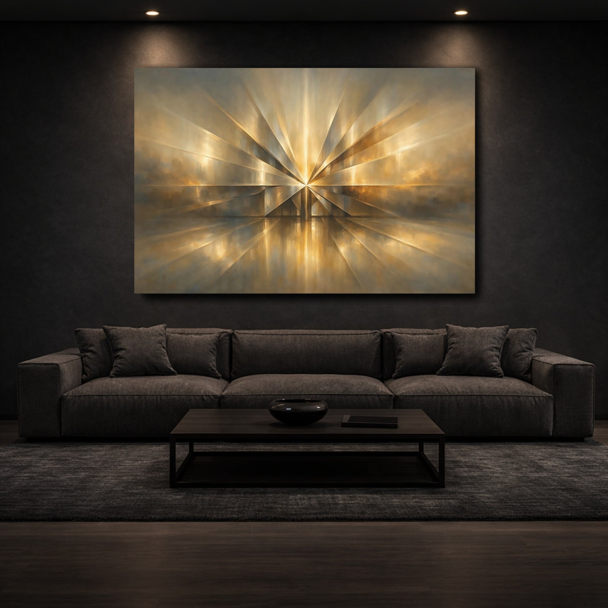 Mockup 2. Abstract Golden Starburst Golden Abstract shown as stretched canvas wall art
