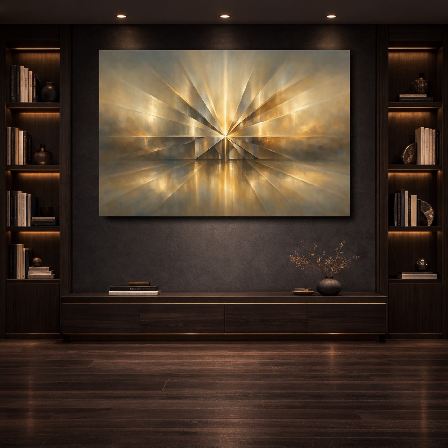 Mockup 3. Abstract Golden Starburst Golden Abstract shown as stretched canvas wall art