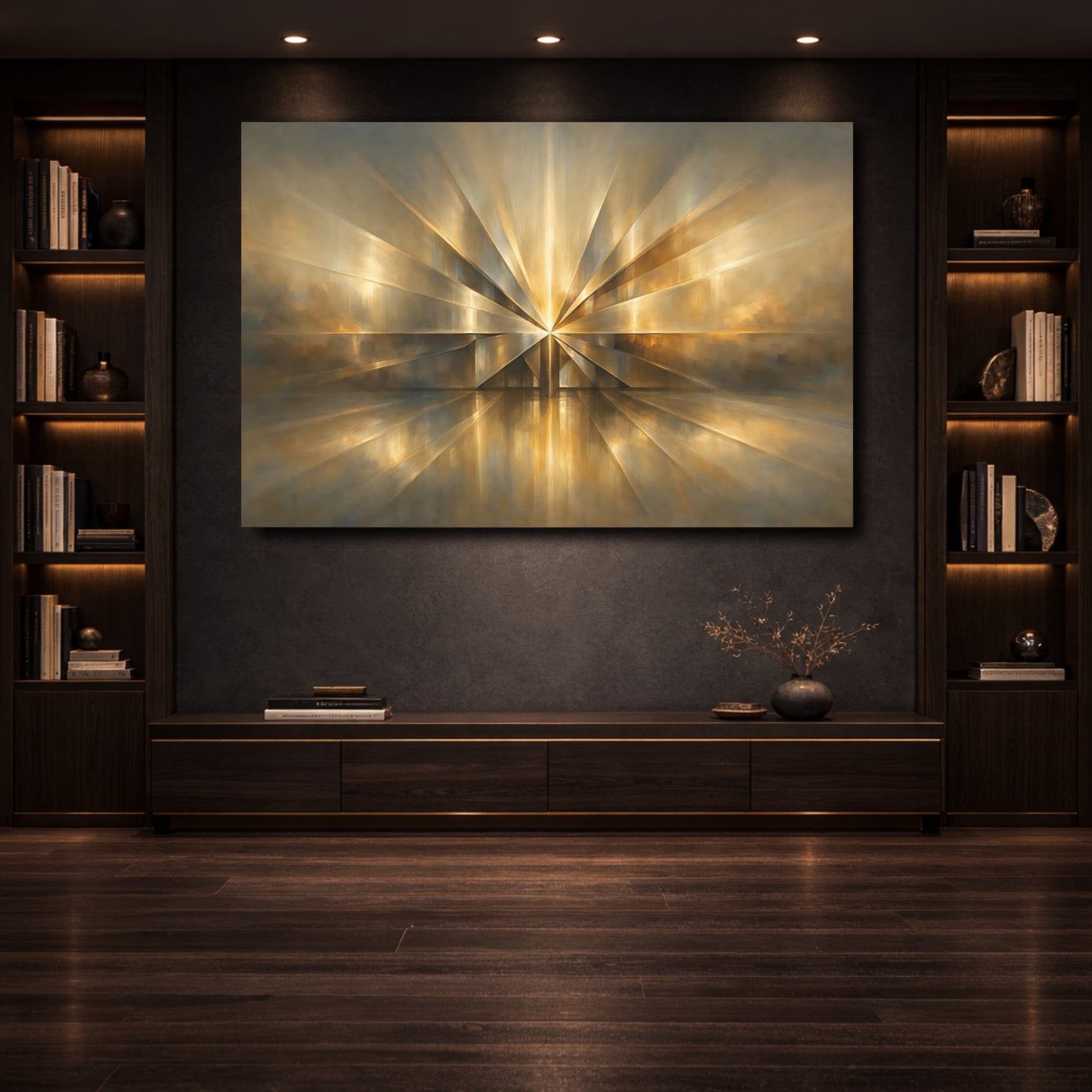 Mockup 3. Abstract Golden Starburst Golden Abstract shown as stretched canvas wall art