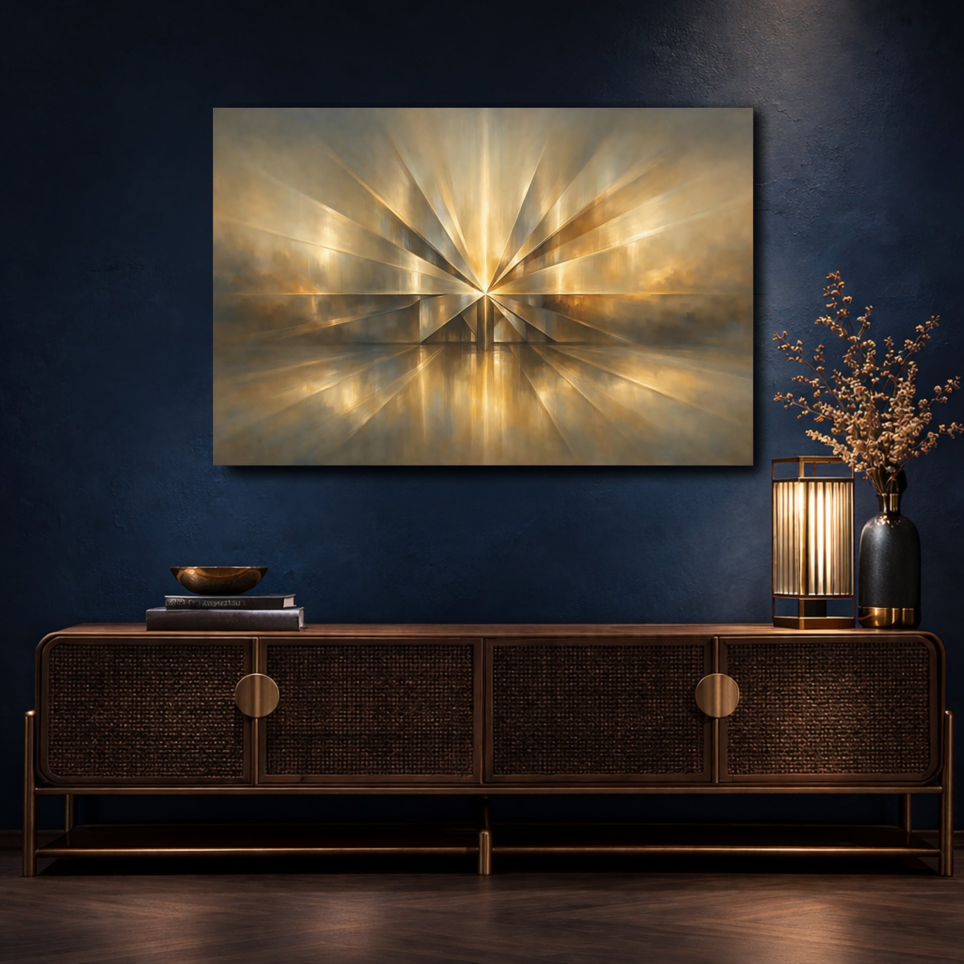 Mockup 4. Abstract Golden Starburst Golden Abstract shown as stretched canvas wall art