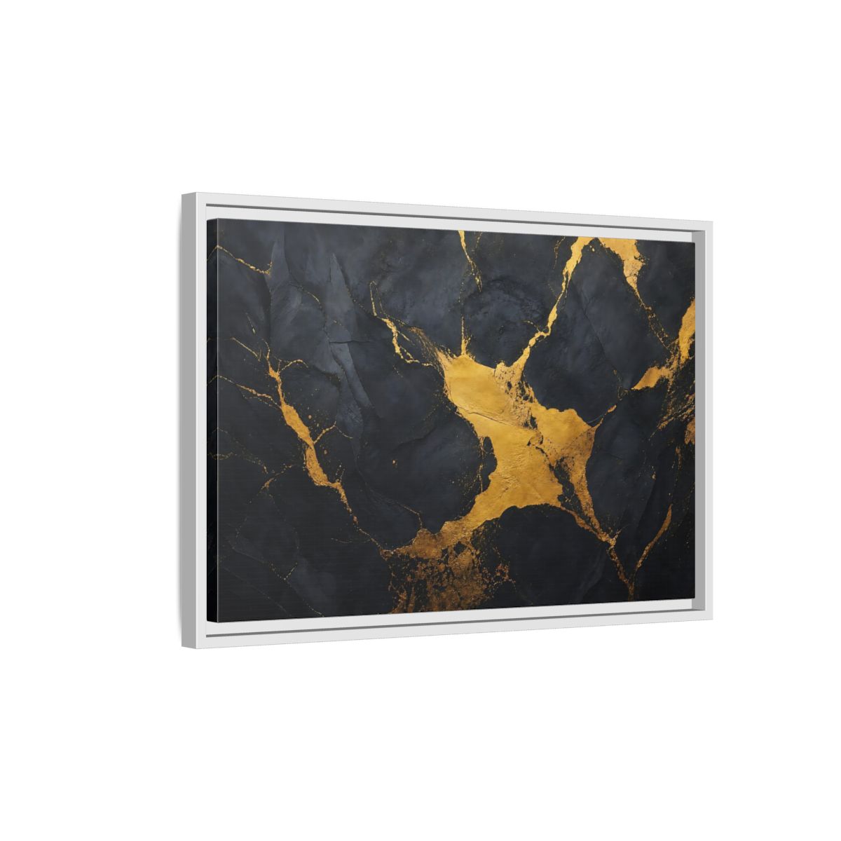 Side Mockup 1. Abstract Golden Stone Black And Gold shown as framed canvas print