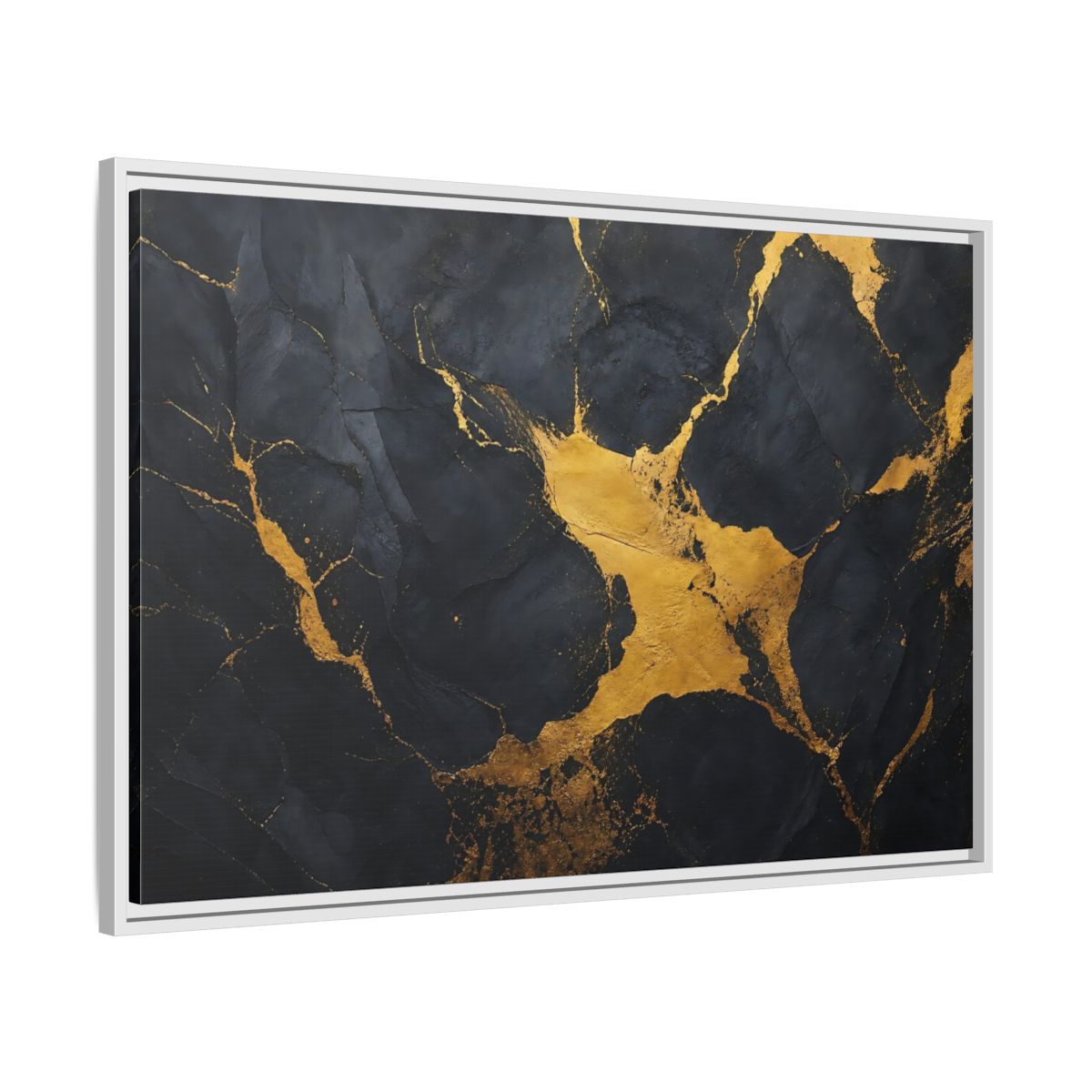 Side Mockup 9. Abstract Golden Stone Black And Gold shown as framed canvas print