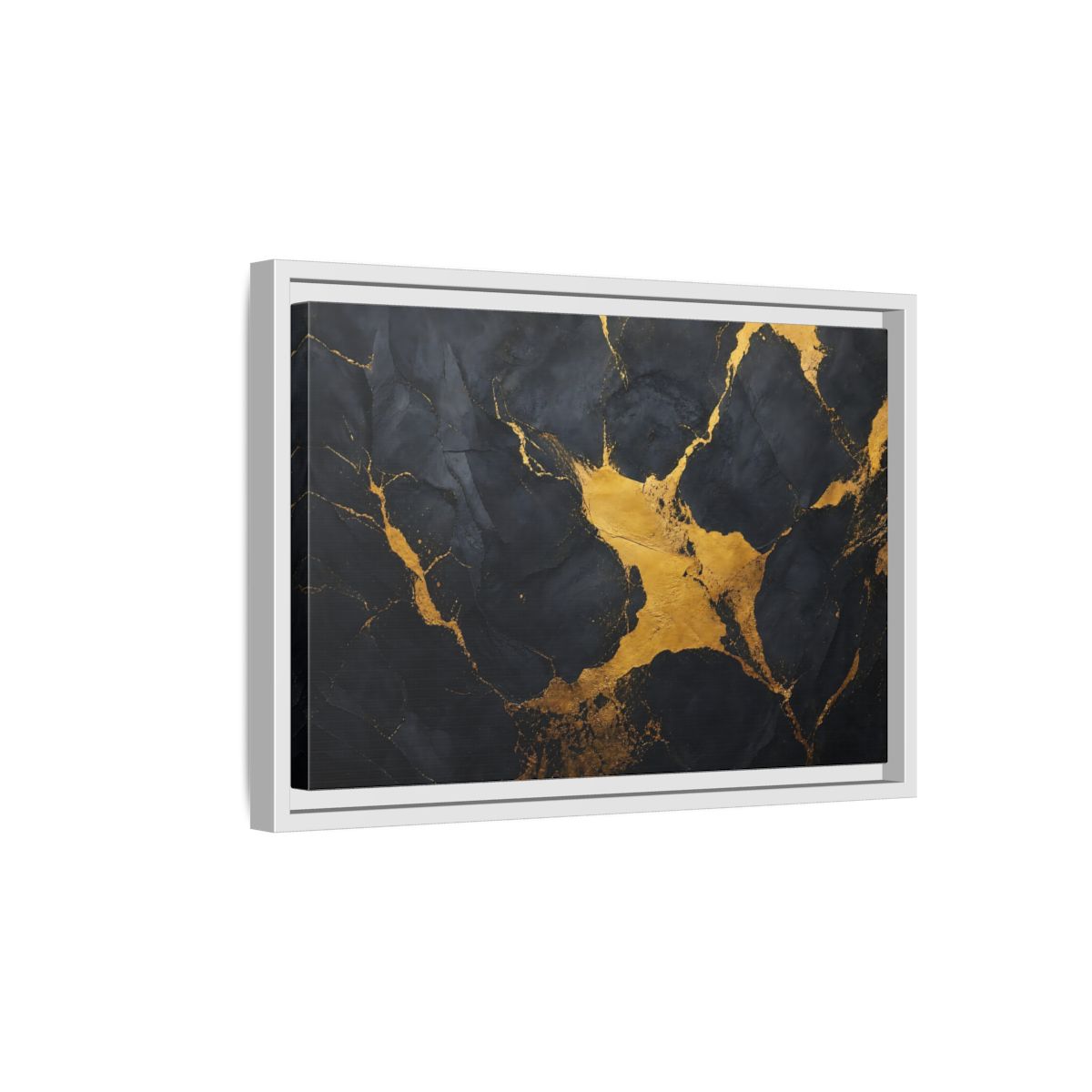 Side Mockup 4. Abstract Golden Stone Black And Gold shown as framed canvas print