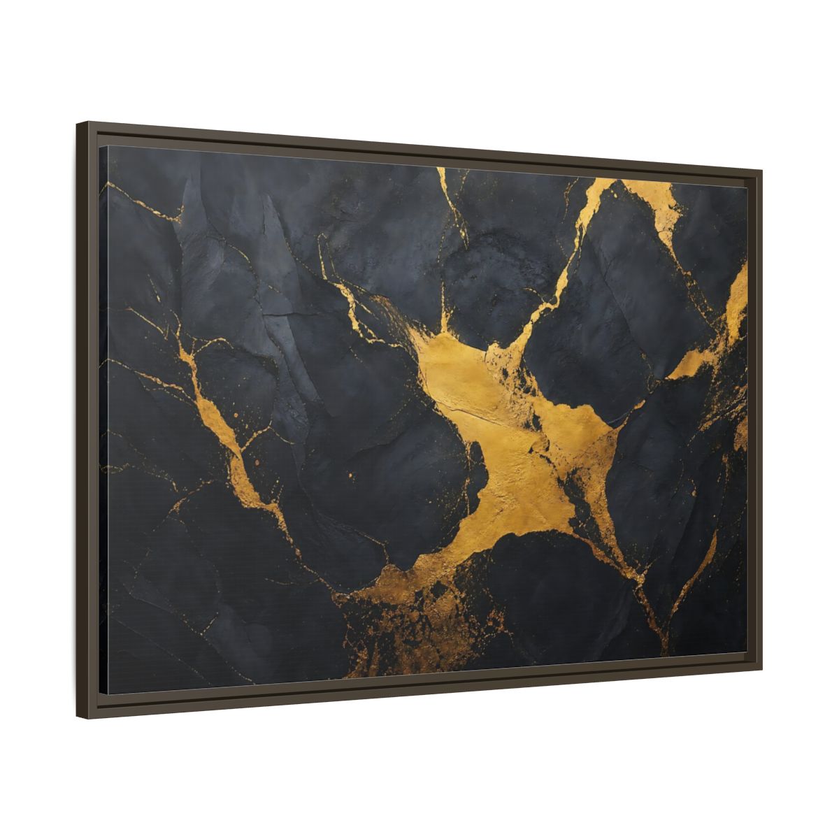 Main Mockup. Abstract Golden Stone Black And Gold shown as framed canvas print