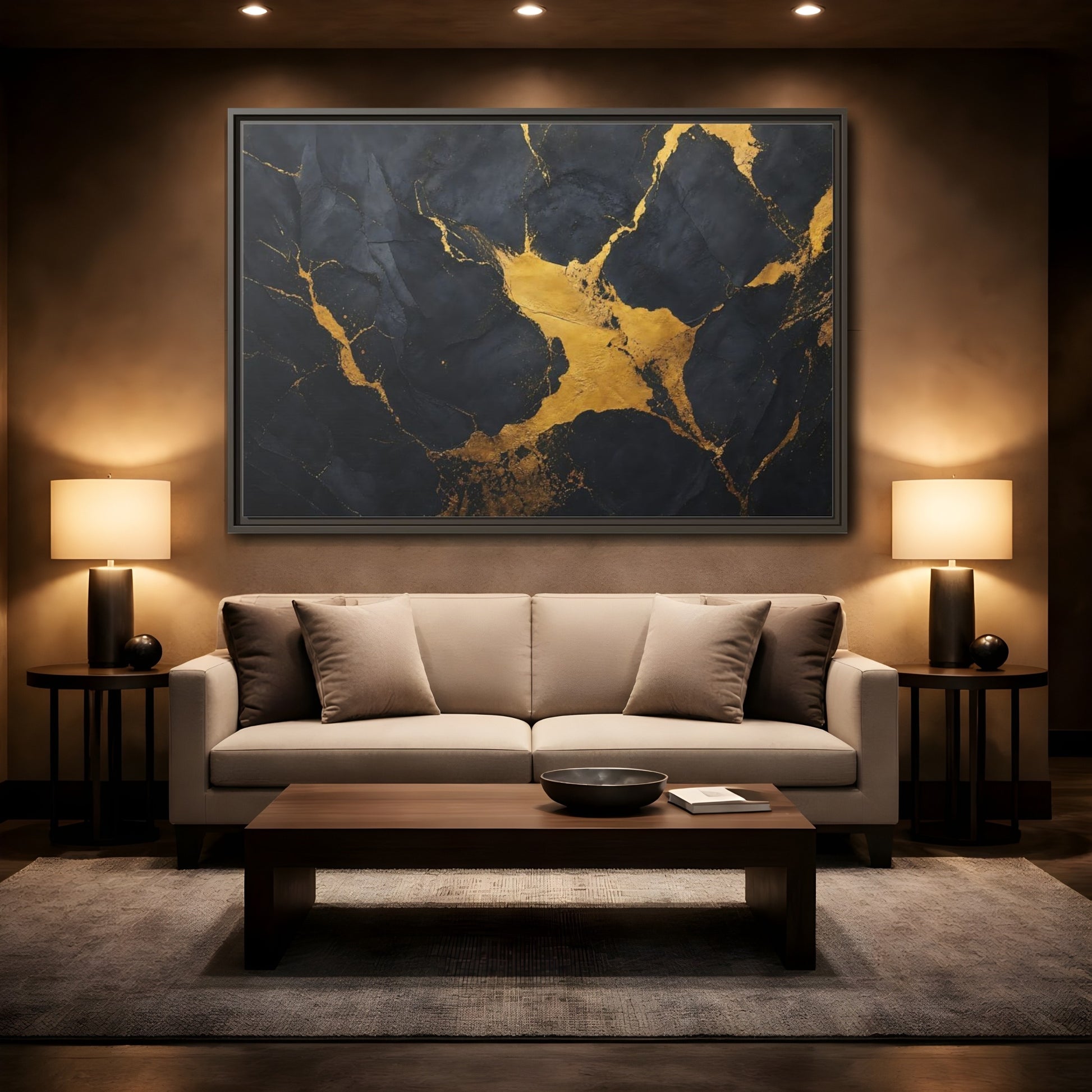 Mockup 2. Abstract Golden Stone Black And Gold shown as framed canvas print
