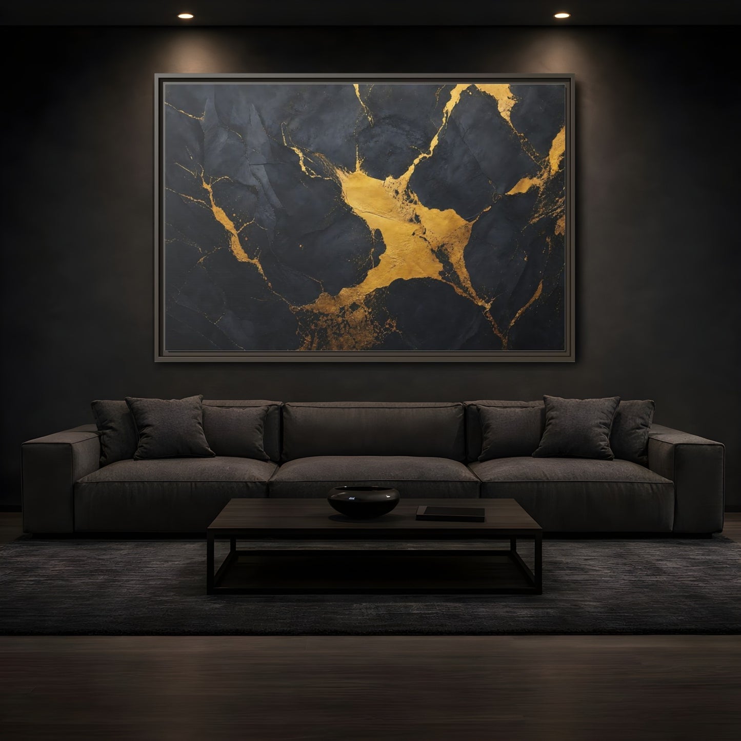 Mockup 3. Abstract Golden Stone Black And Gold shown as framed canvas print