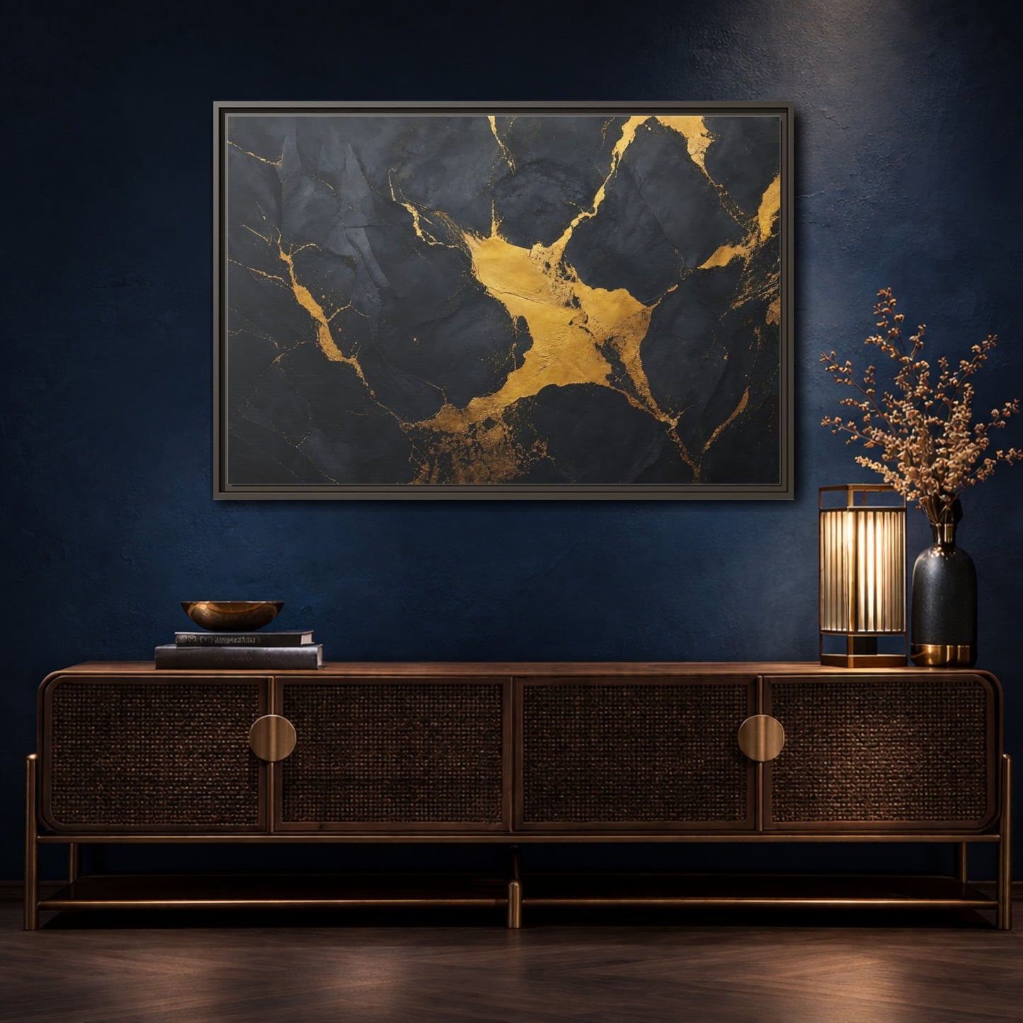 Mockup 4. Abstract Golden Stone Black And Gold shown as framed canvas print