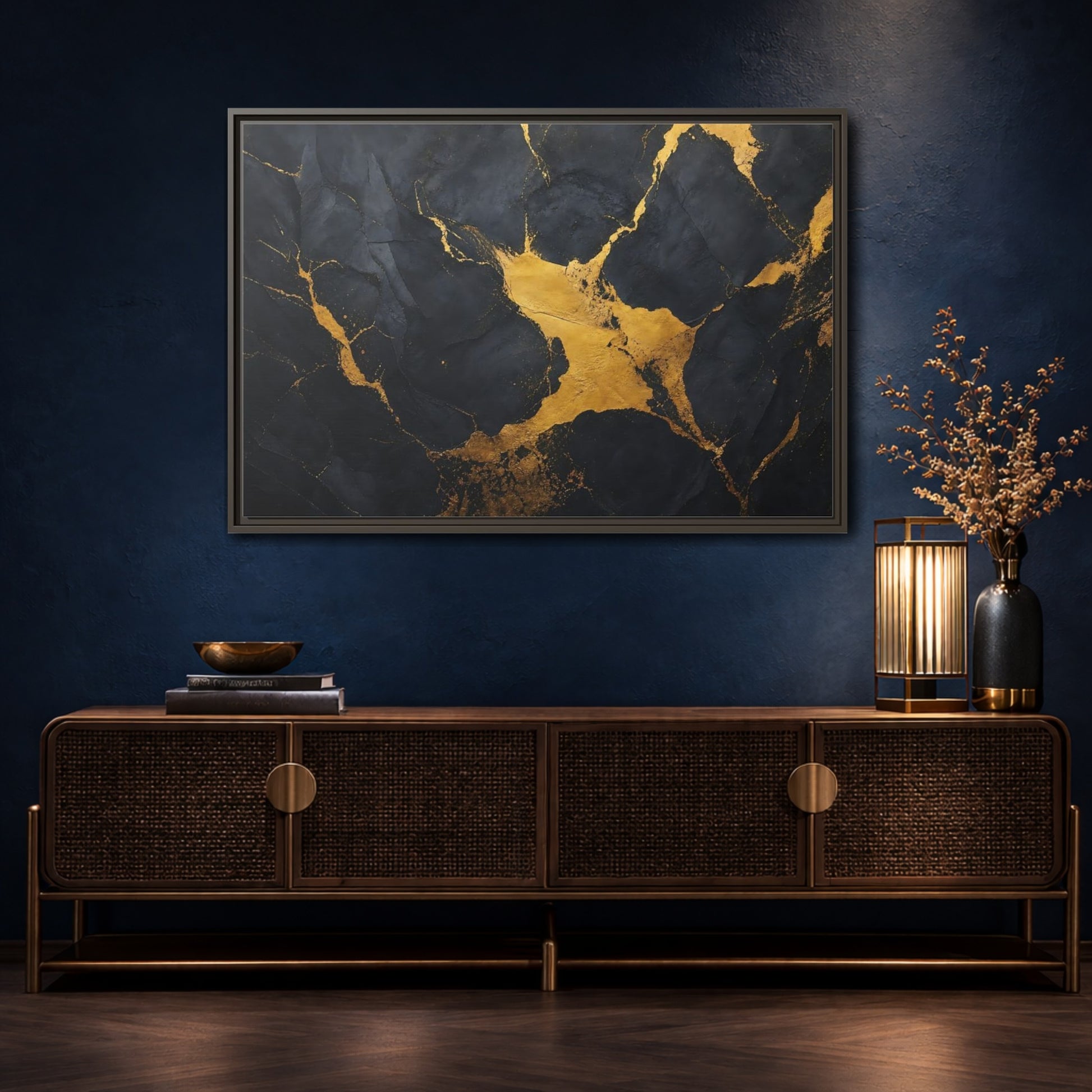 Mockup 4. Abstract Golden Stone Black And Gold shown as framed canvas print