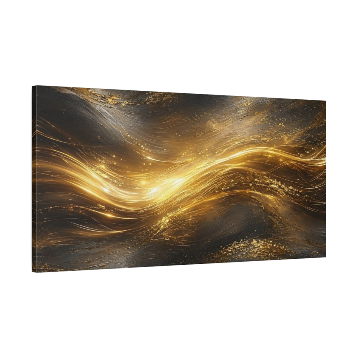 Main Mockup. Abstract Golden Stream Gold And Black shown as stretched canvas wall art