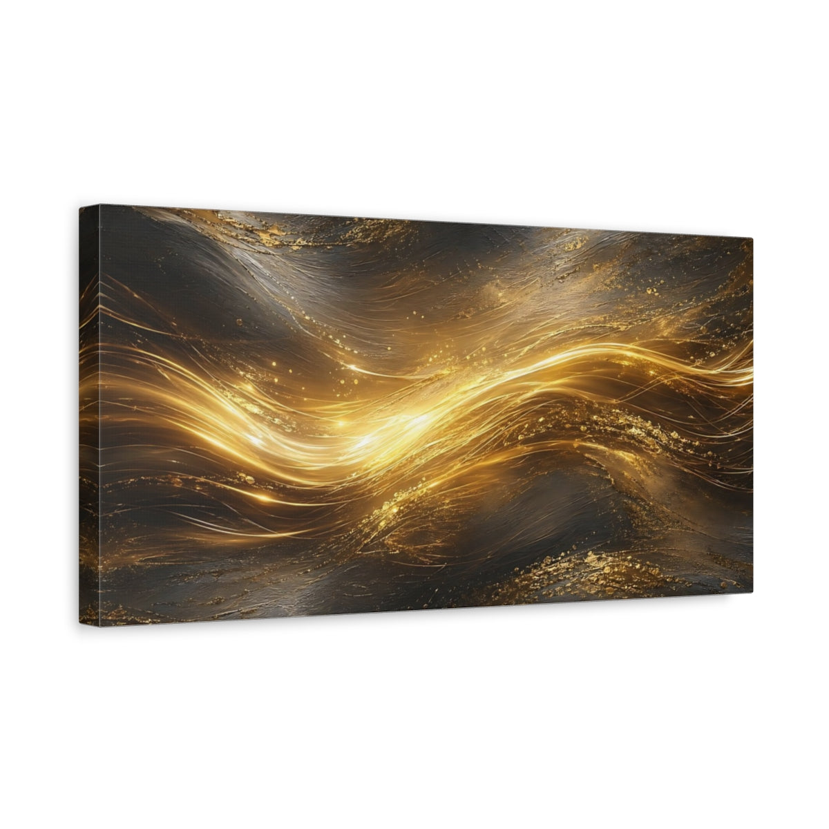 Side Mockup 3. Abstract Golden Stream Gold And Black shown as stretched canvas wall art