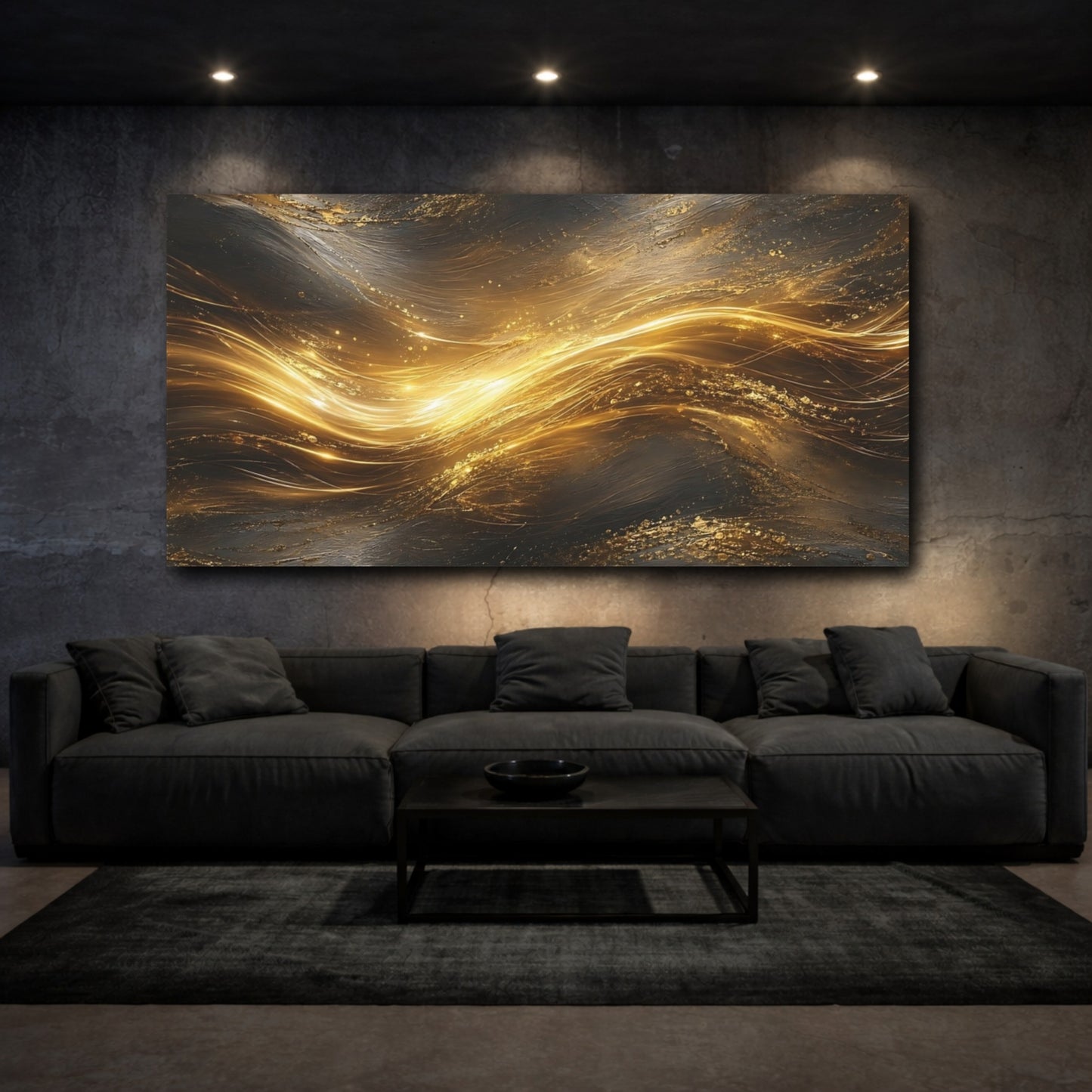 Mockup 2. Abstract Golden Stream Gold And Black shown as stretched canvas wall art