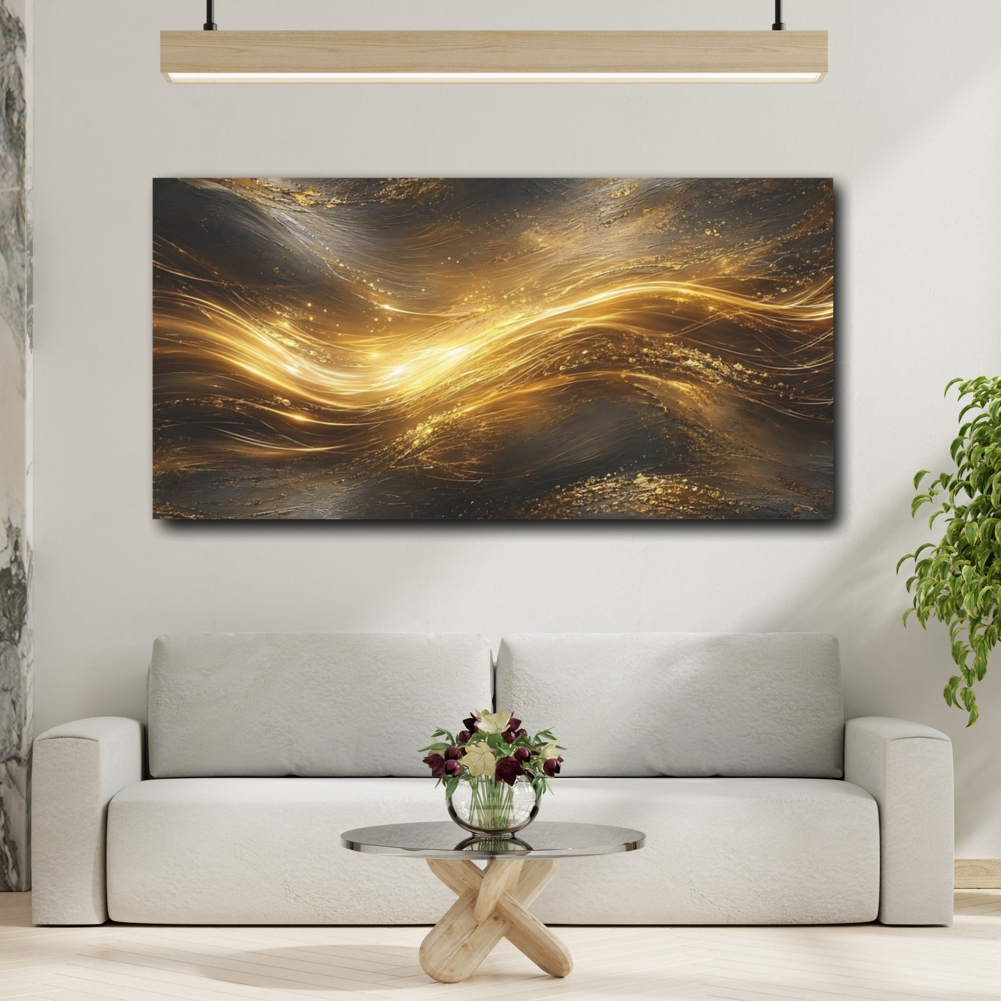 Mockup 3. Abstract Golden Stream Gold And Black shown as stretched canvas wall art
