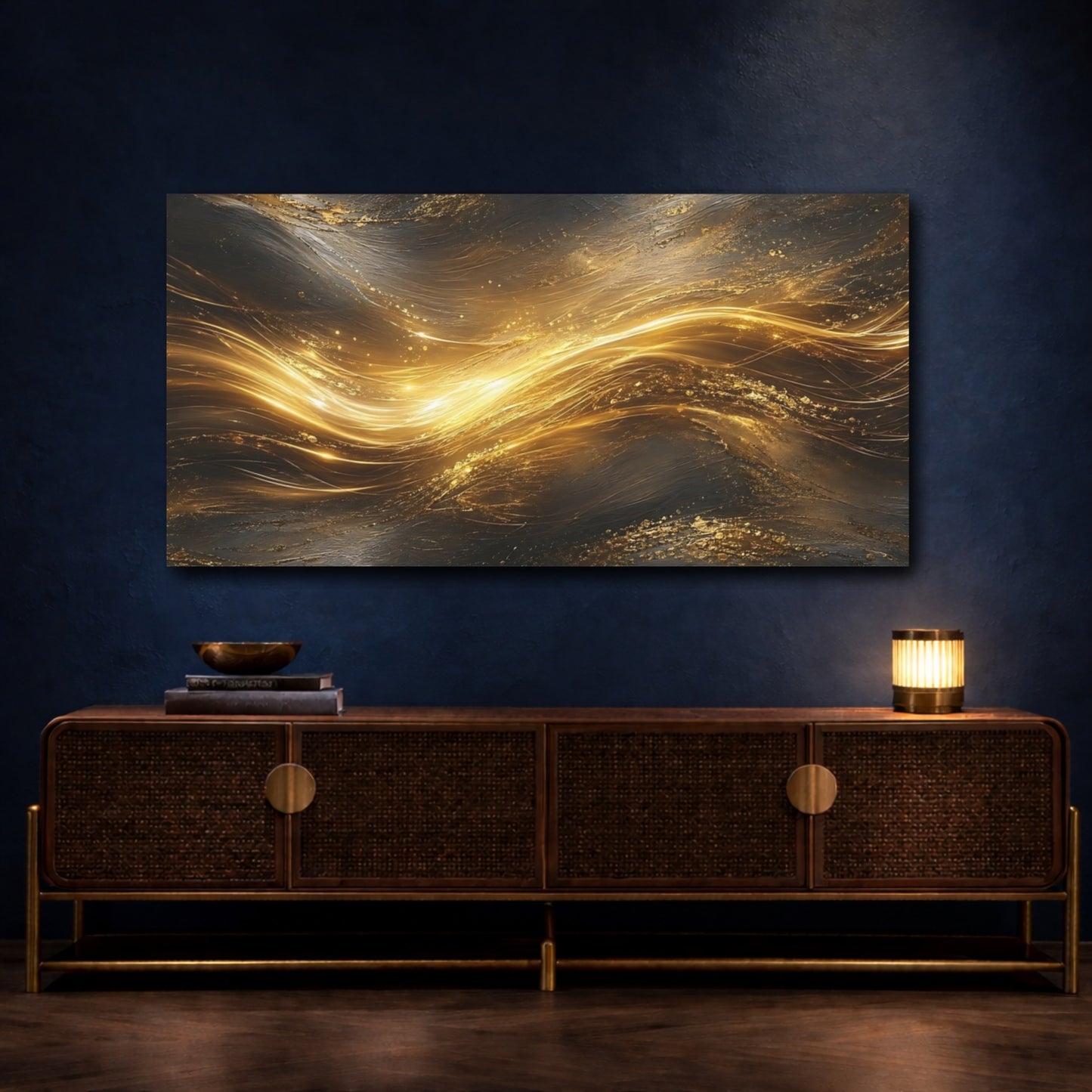 Mockup 4. Abstract Golden Stream Gold And Black shown as stretched canvas wall art