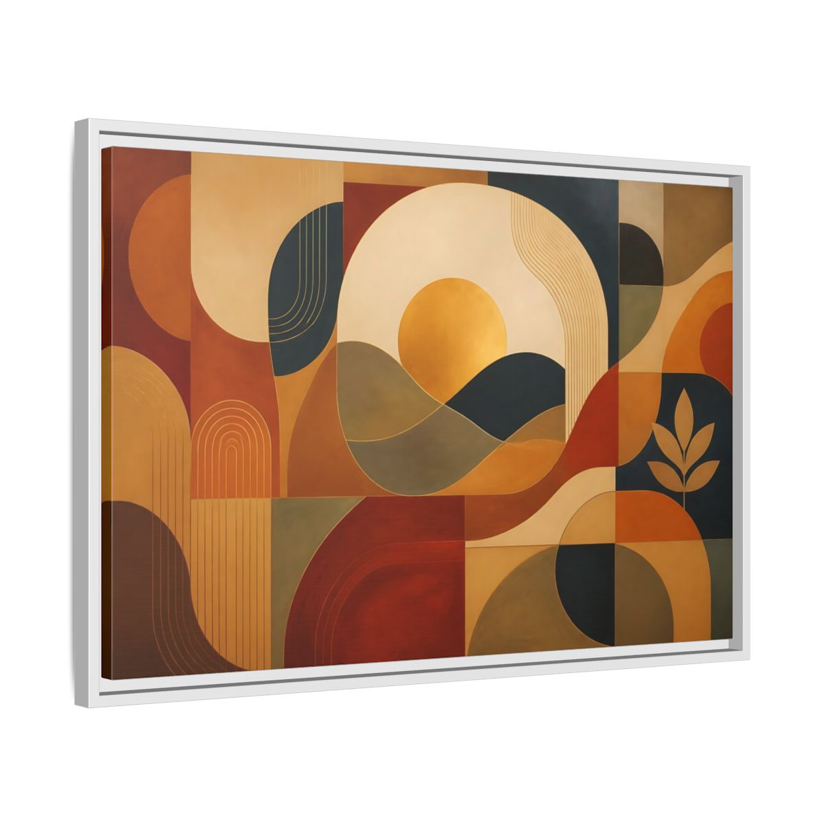Side Mockup 10. Abstract Golden Sunscape shown as framed canvas print