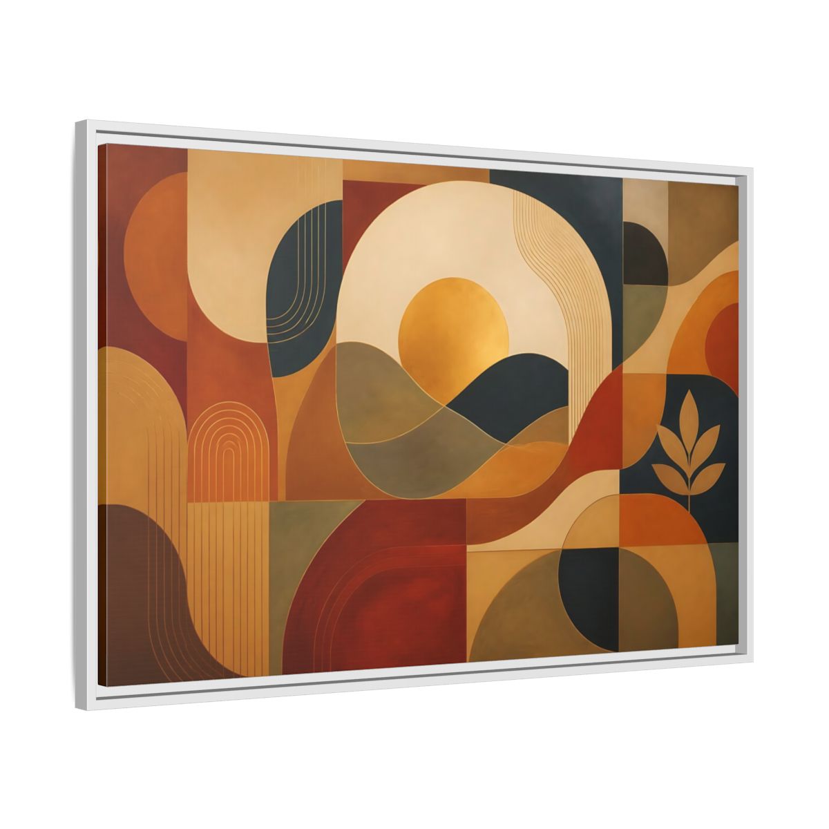 Side Mockup 9. Abstract Golden Sunscape shown as framed canvas print