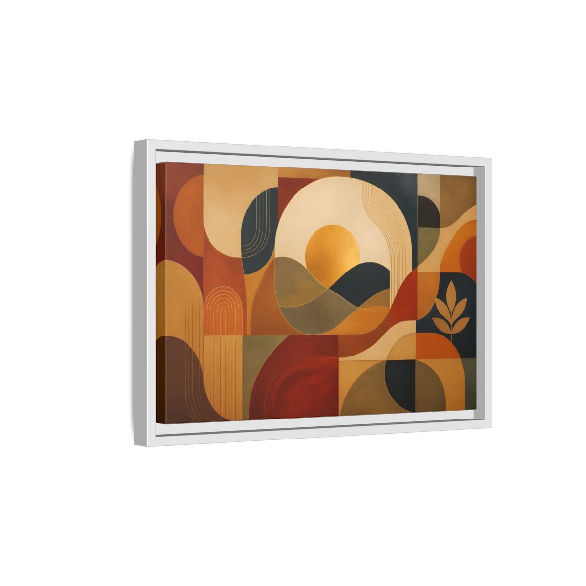 Side Mockup 4. Abstract Golden Sunscape shown as framed canvas print