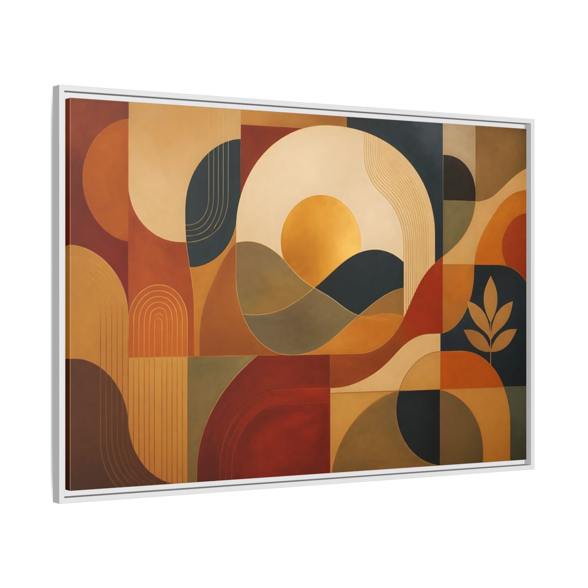 Side Mockup 7. Abstract Golden Sunscape shown as framed canvas print