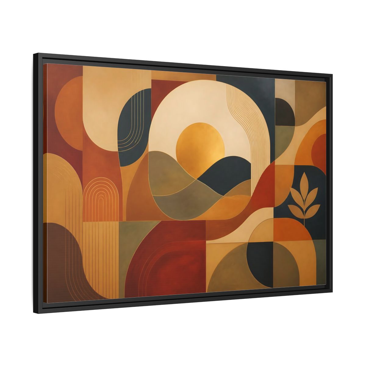 Side Mockup 13. Abstract Golden Sunscape shown as framed canvas print
