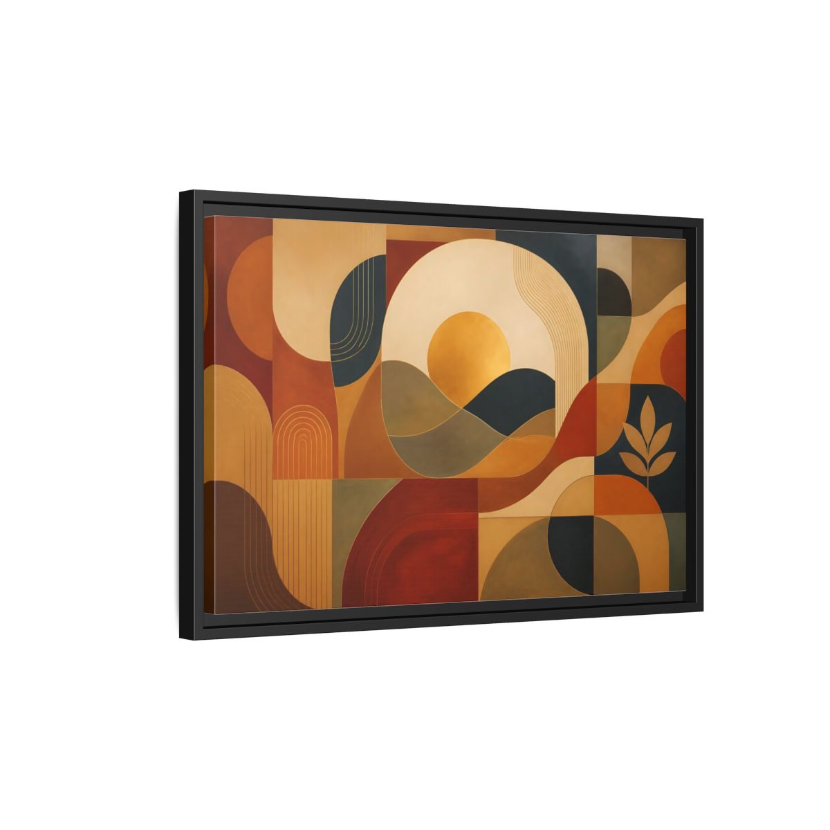 Side Mockup 3. Abstract Golden Sunscape shown as framed canvas print